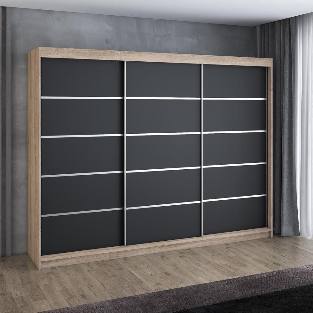 A&J MöbelLand GmbH Schwebetürenschrank STIM 200CM, 3-türig Schrank mit 4 Schubladen Sonoma / schwarz / schwarz / schwarz