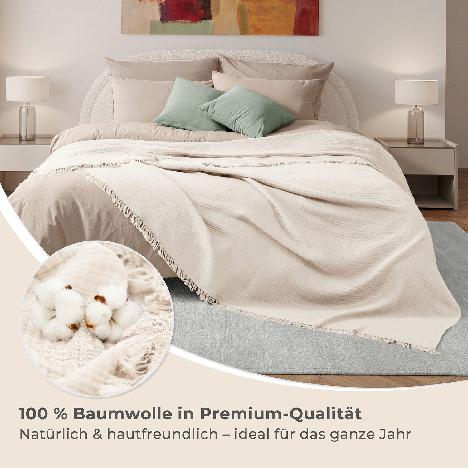 Laynenburg Tagesdecke Musselin mit Fransen aus 100% Baumwolle – Baumwolldecke, Wohndecke als Sommerdecke, Bett-Überwurf, Sofa-Decke, Kuscheldecke – Bild 5 von 5