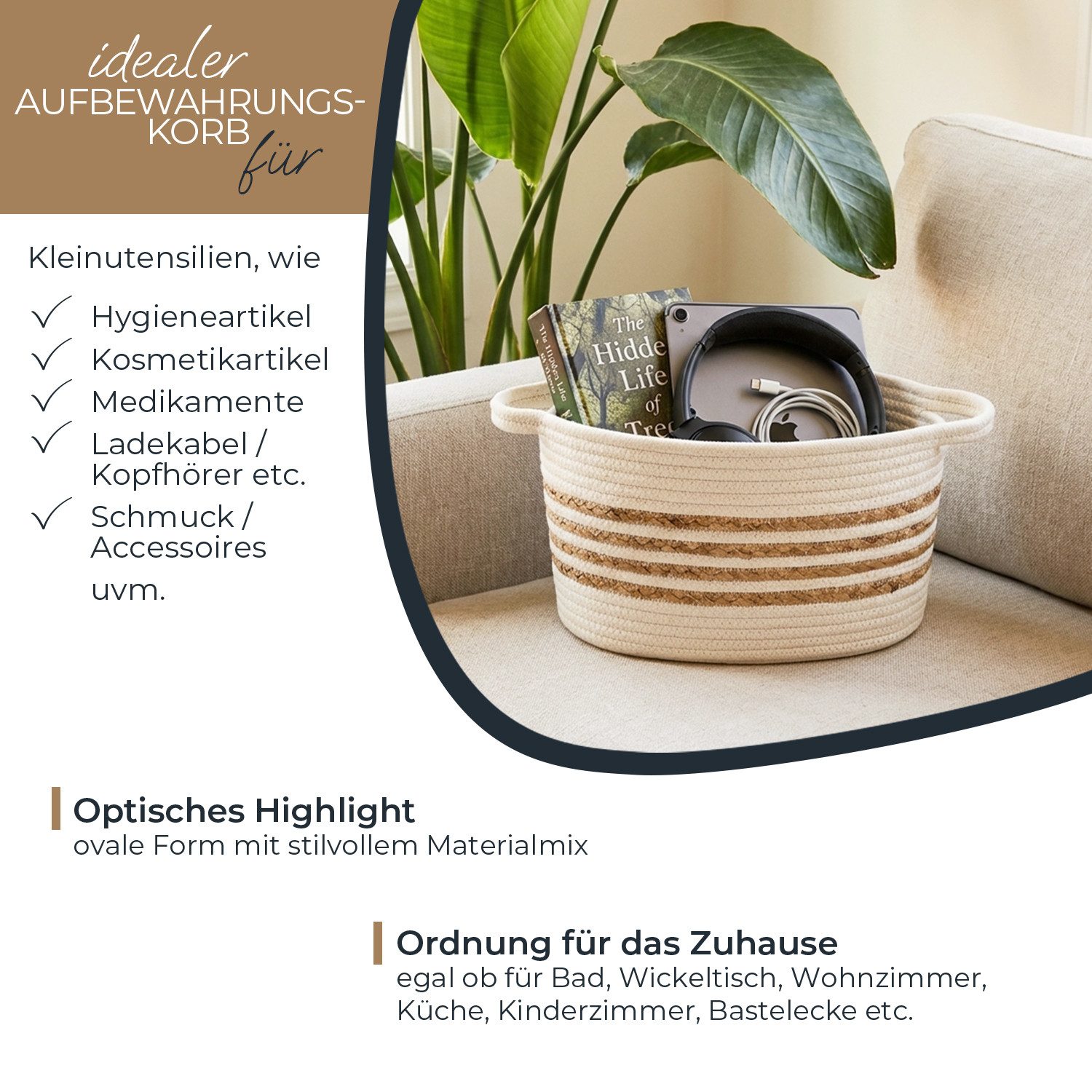 HMF Aufbewahrungskorb Aufbewahrungskorb mit Griffen, ovaler Korb aus Baumwolle und (2er-Set), Wasserhyazinthe für Badezimmer Esszimmer & Wohnbereich 30 x 22 x 19 cm