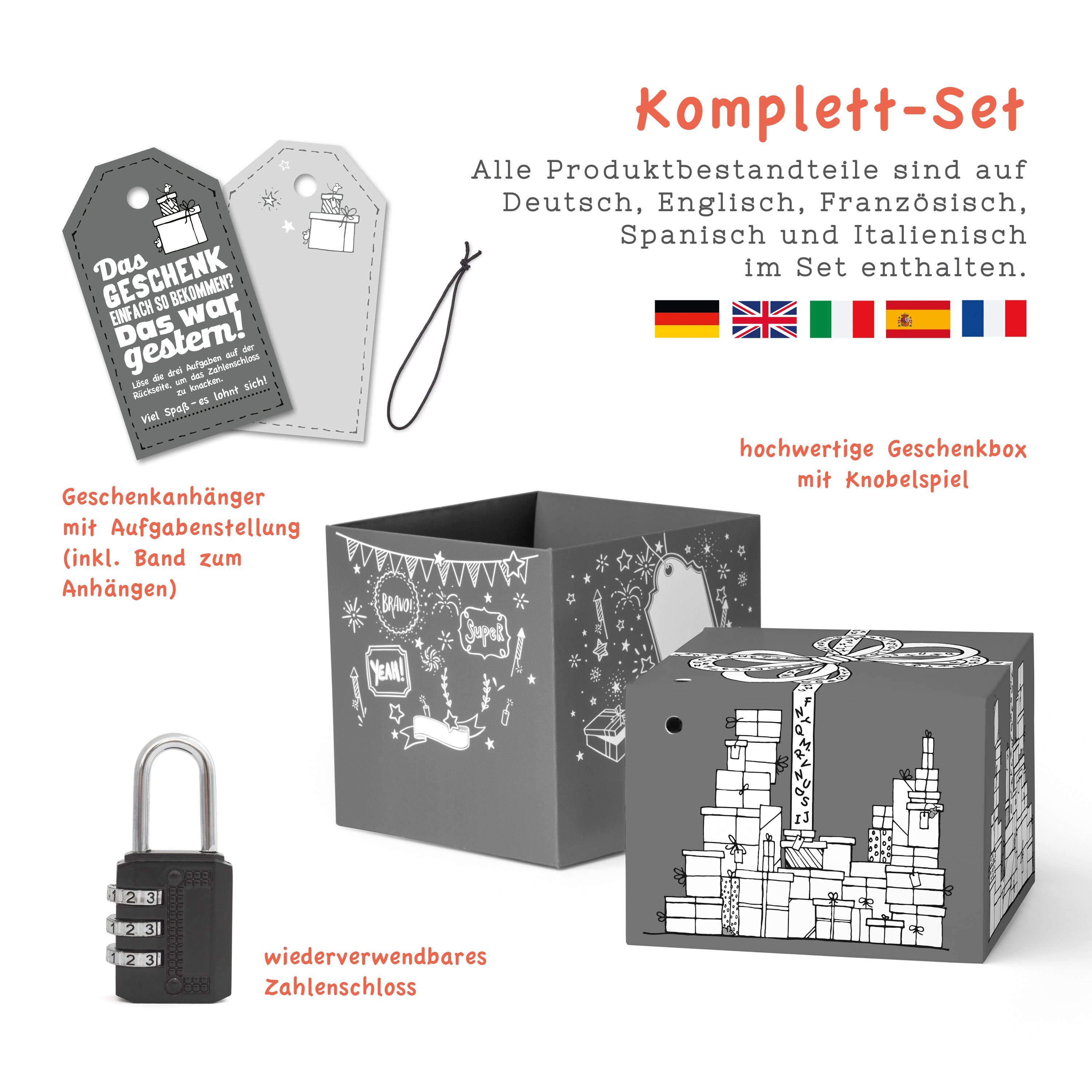 SURPRISA Geschenkbox Rätzel Geschenkbox, Geldgeschenk Verpackung & Gutschein Geschenk Box (inkl. 3-stelligem Zahlenschloss), Geschenkkarton Geschenkrätsel, 12,5 x 12,5 x 12,5 cm, grau