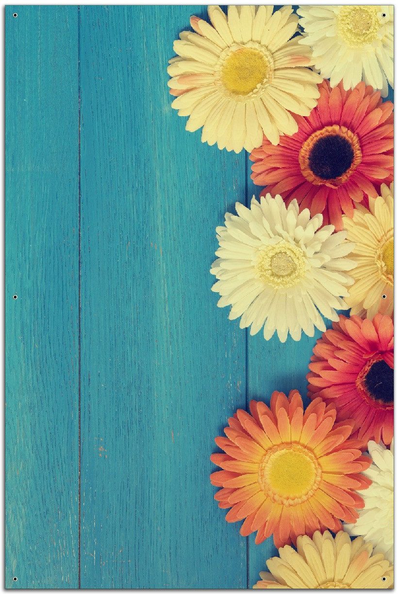 Wallario Sichtschutzzaunmatten Bunte Gerbera auf Holz