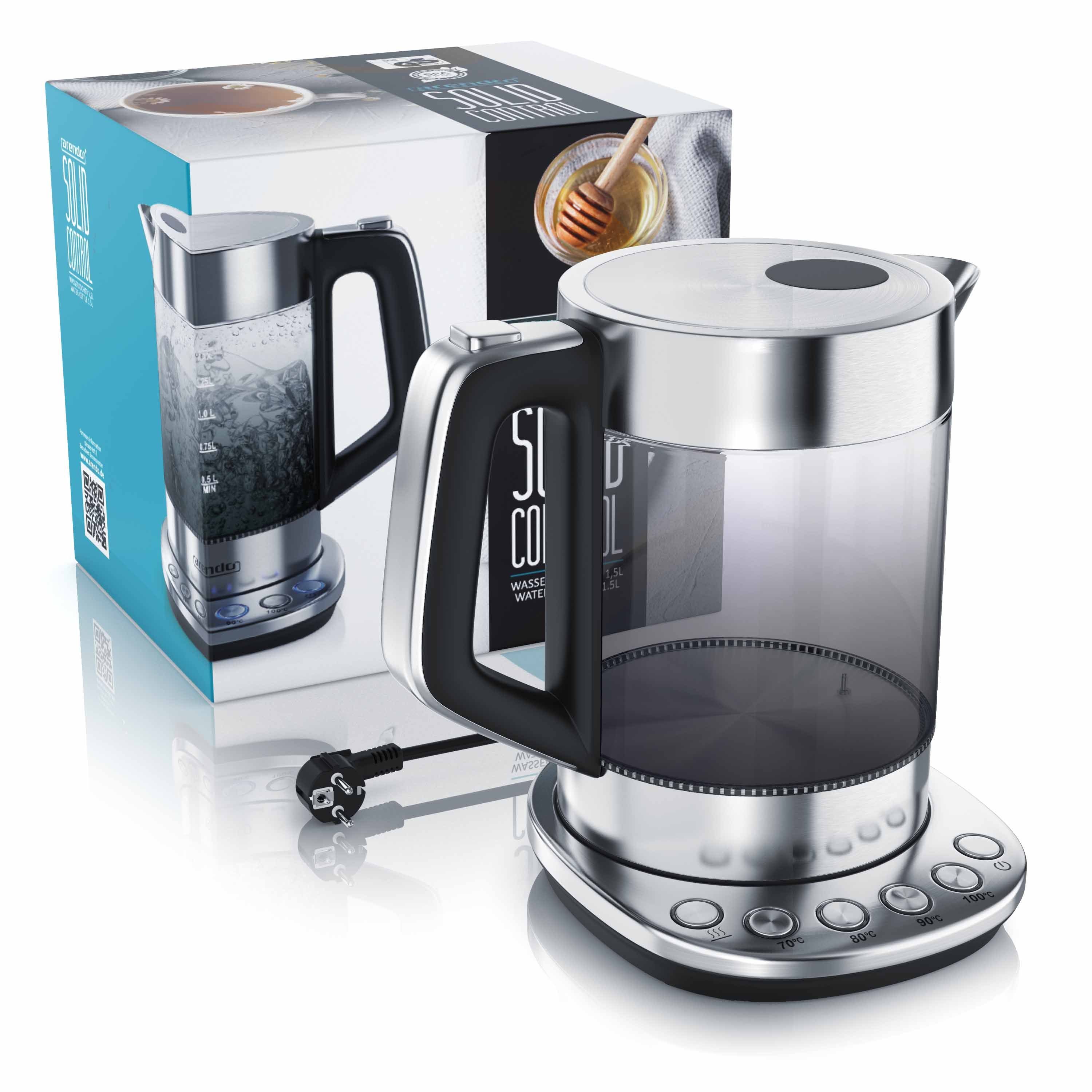 Arendo Wasserkocher aus Glas & Edelstahl, Temperatureinstellung, Basisstation, Rauchglas, 1,5 l, 2200 W, Temperatureinstellung 70° - 100° C, Warmhaltefunktion, Borosilikatglas
