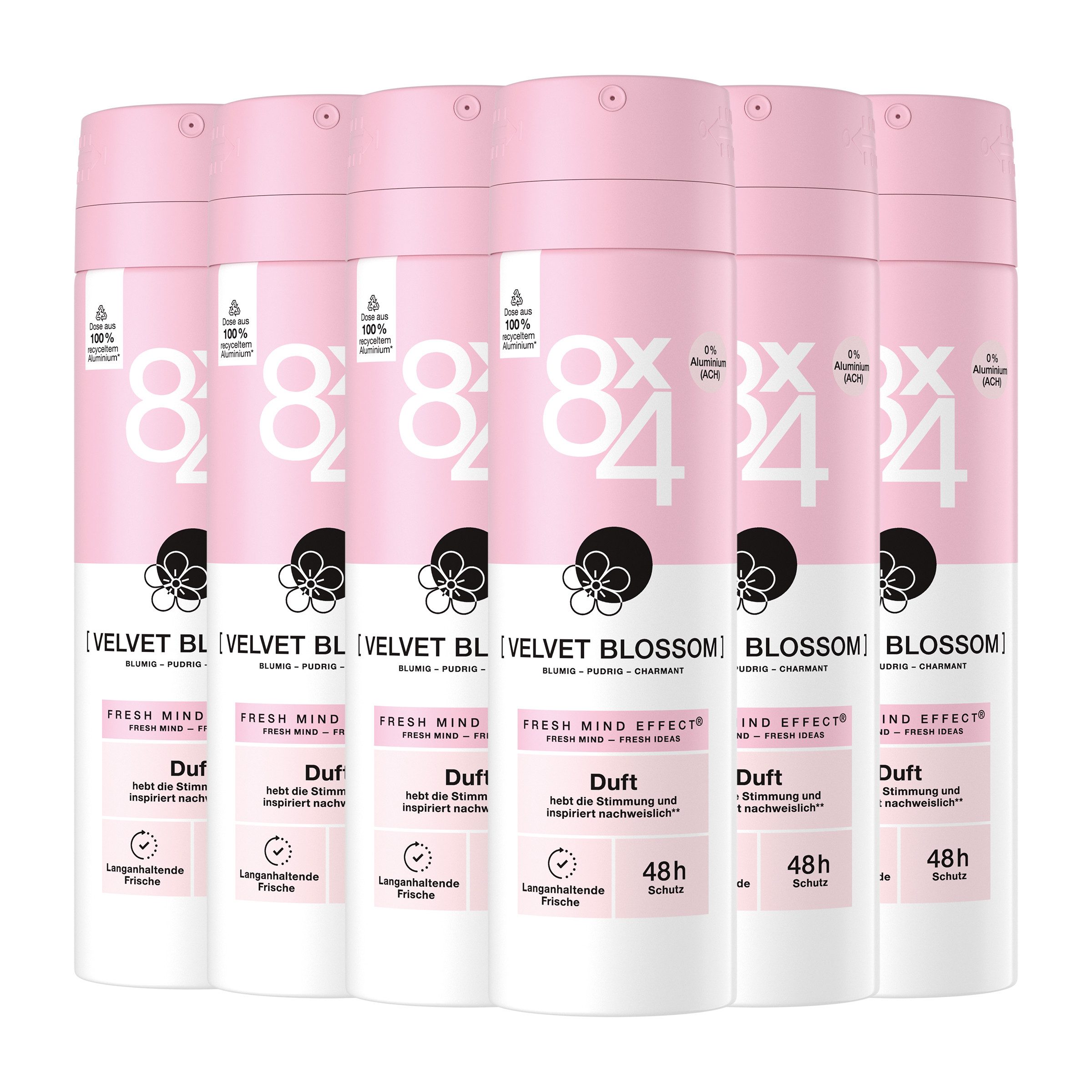 8x4 Deo-Spray VELVET BLOSSOM Fruchtig floral Duft Mandarine und Jasmin 6 x 150ml, 6-tlg., Ohne Aluminium