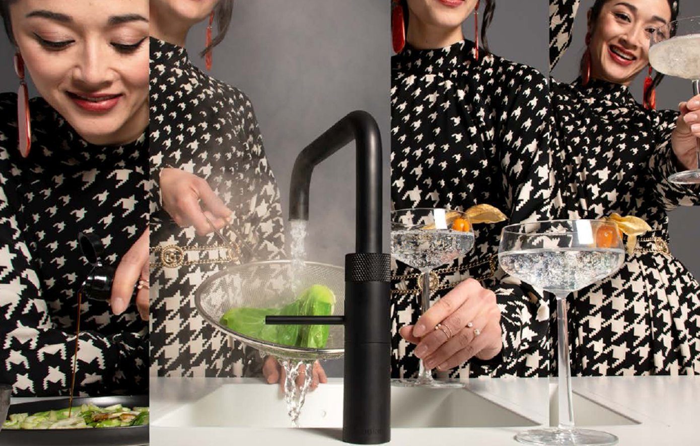 QUOOKER Küchenarmatur QUOOKER FUSION ROUND Schwarz Combi B mit CUBE 2 (22FRBLKCUBE) (2-St) 100°C Kochendwasserhahn mit Trinkwassersystem