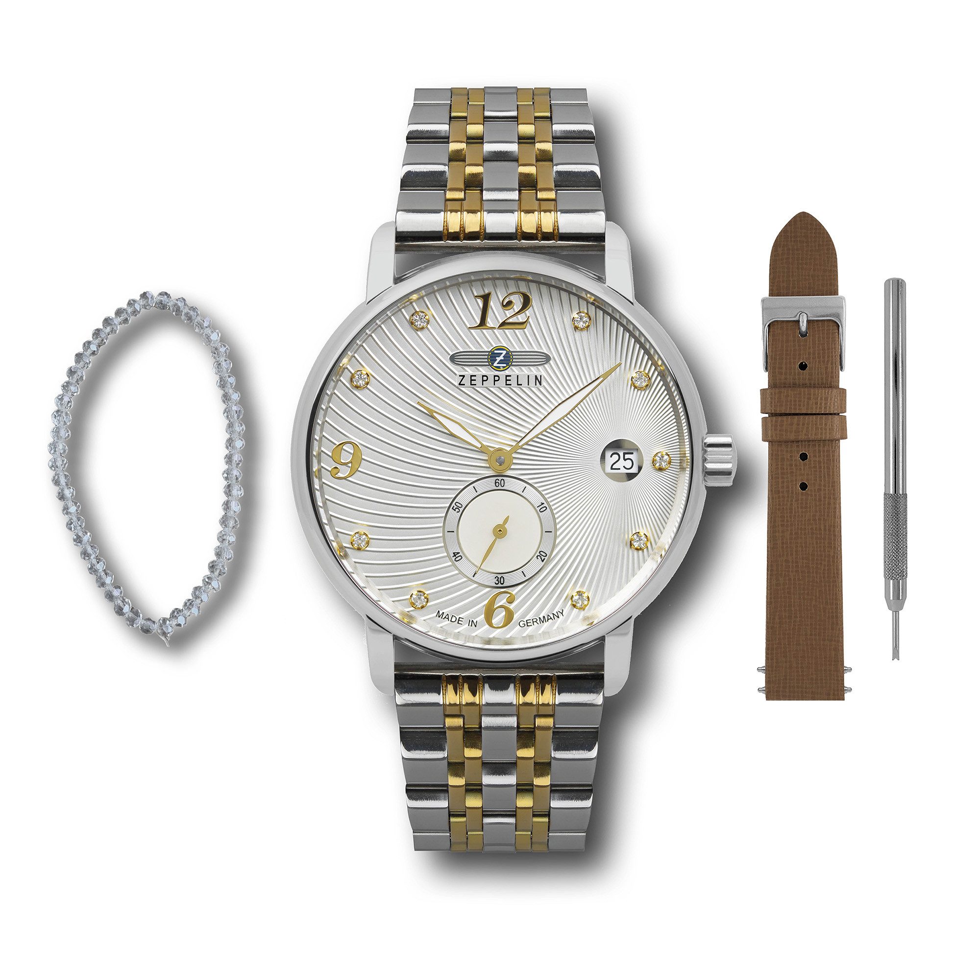 ZEPPELIN Quarzuhr Luna 8631M-5_SET, (Set, 3-tlg., mit Wechselarmband und Armkettchen), Armbanduhr, Damenuhr, Made in Germany, Edelstahlarmband