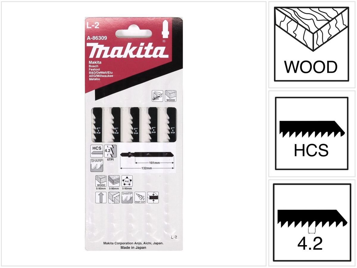 Makita Stichsägeblatt L-2 Stichsägeblätter für Holz - 5 Stück für Stichsägen mit T-Schaft A