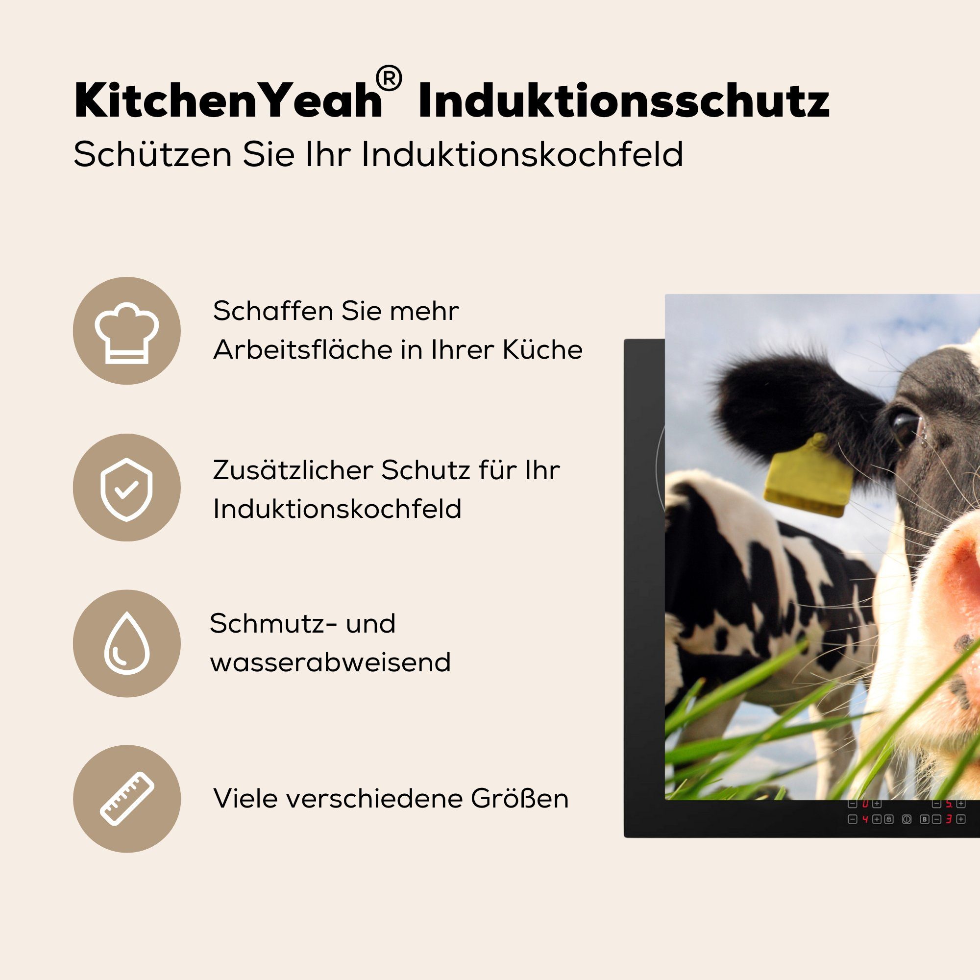 MuchoWow Herdblende-/Abdeckplatte Kuh - Bauernhof cm, für küche Tiere, Ceranfeldabdeckung, tlg), - - Gras 81x52 Arbeitsplatte Vinyl, (1
