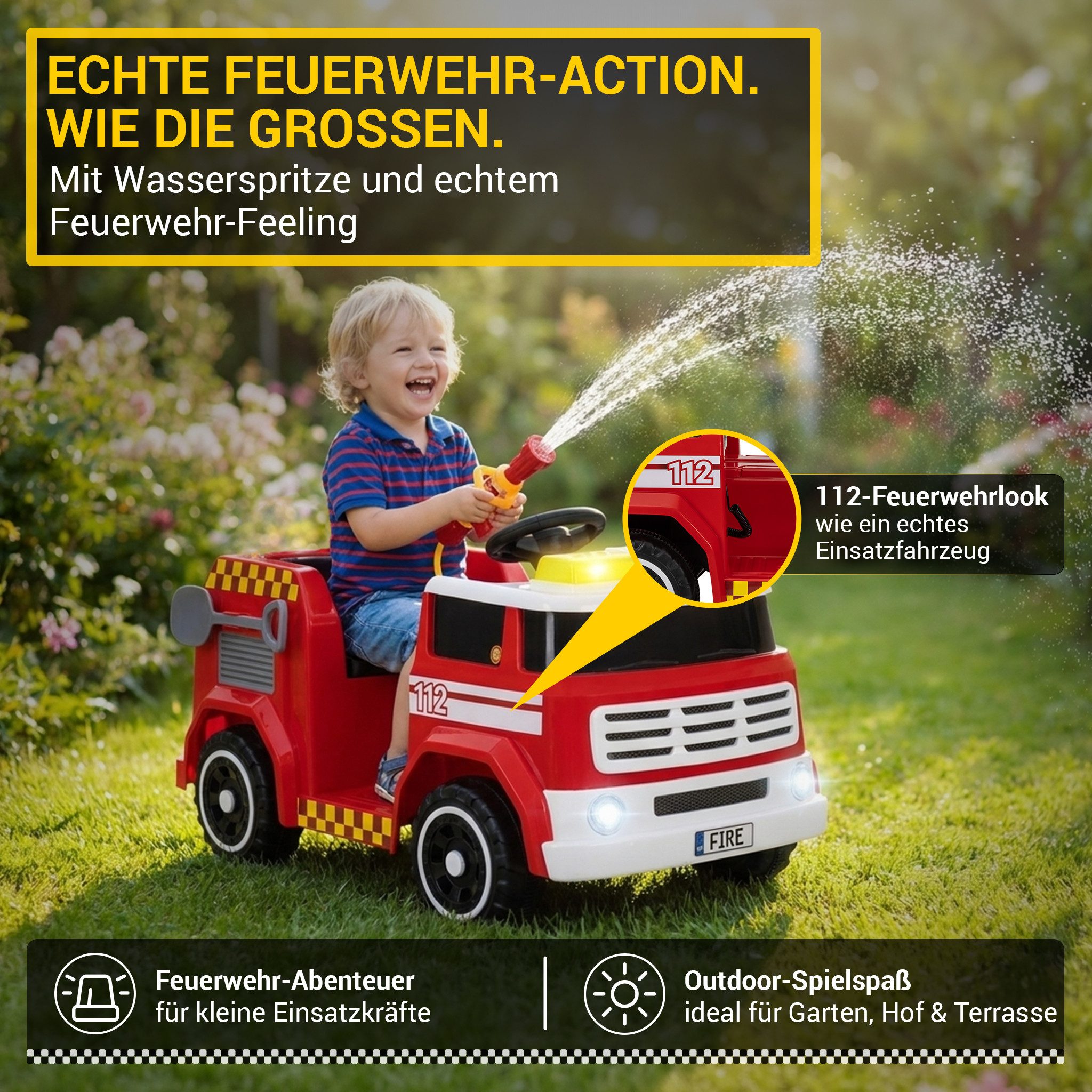 Actionbikes Motors Elektro-Kinderauto Kinder Elektro Feuerwehrauto LF112, Feuerwehrauto mit Spritzanlage, Sirene, Sprechanlage, Einsatzlicht