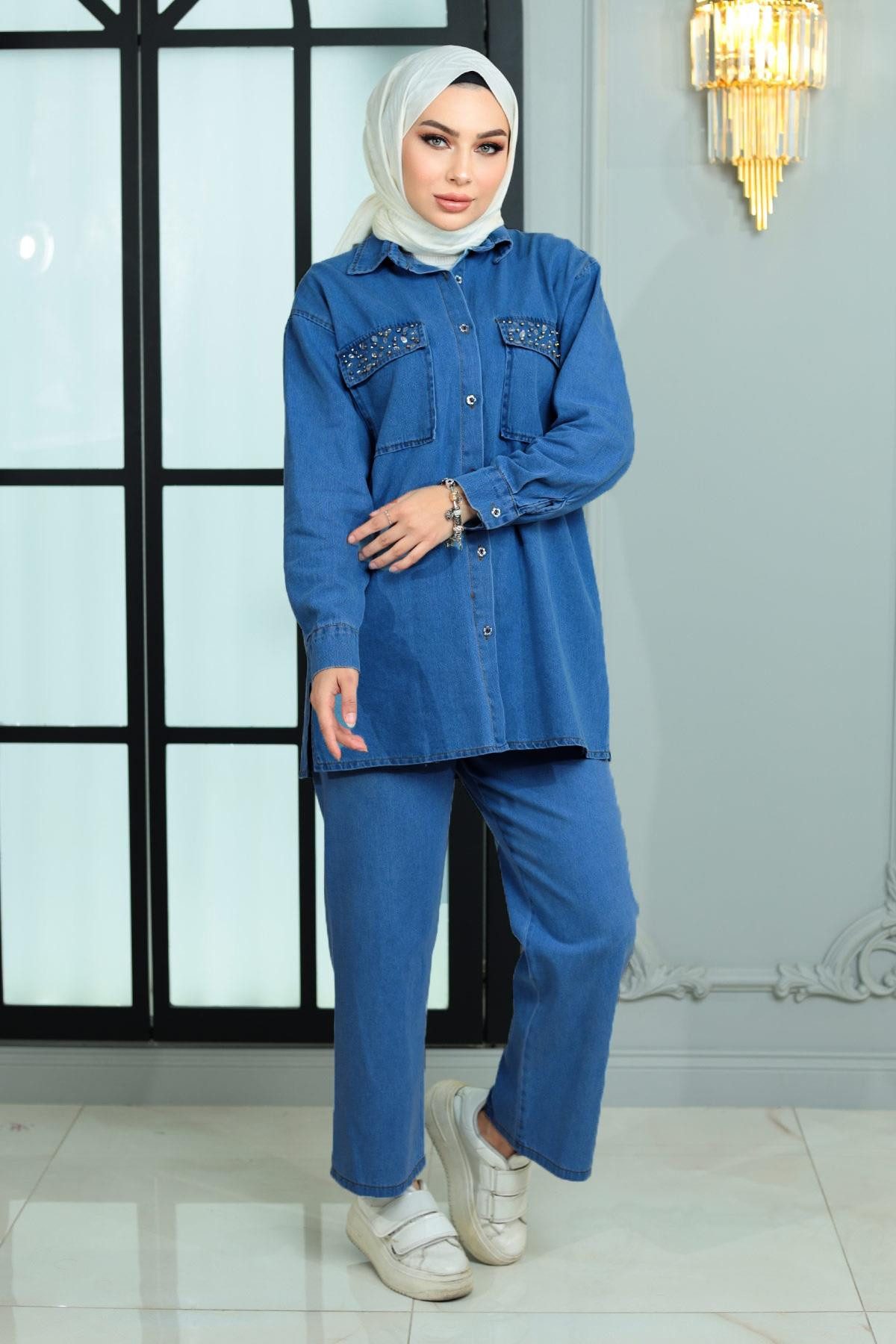 MODAMİHRAM Tunika Geknöpftes Stein-Detail Denim-Set