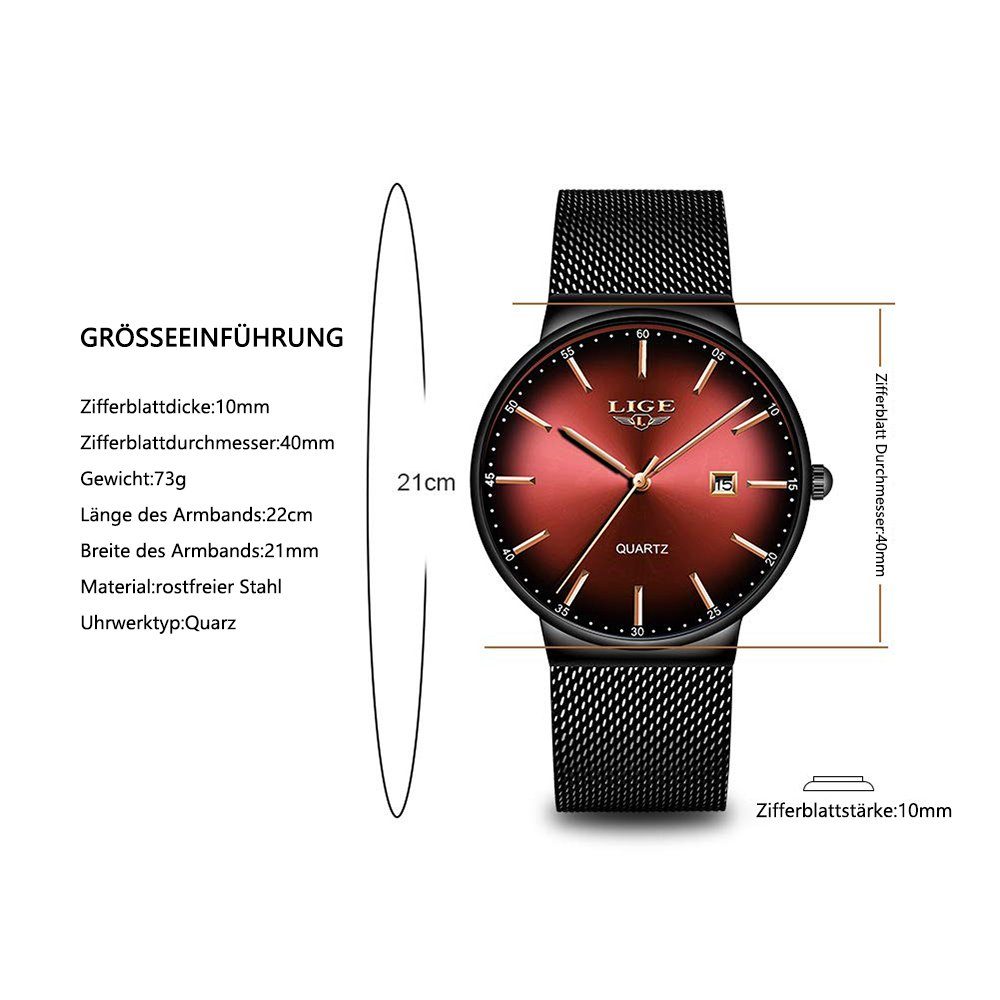 GelldG Uhr Dünne wasserdichte Mode Quarz Grün Mesh Armbanduhr Minimalistisch analoge