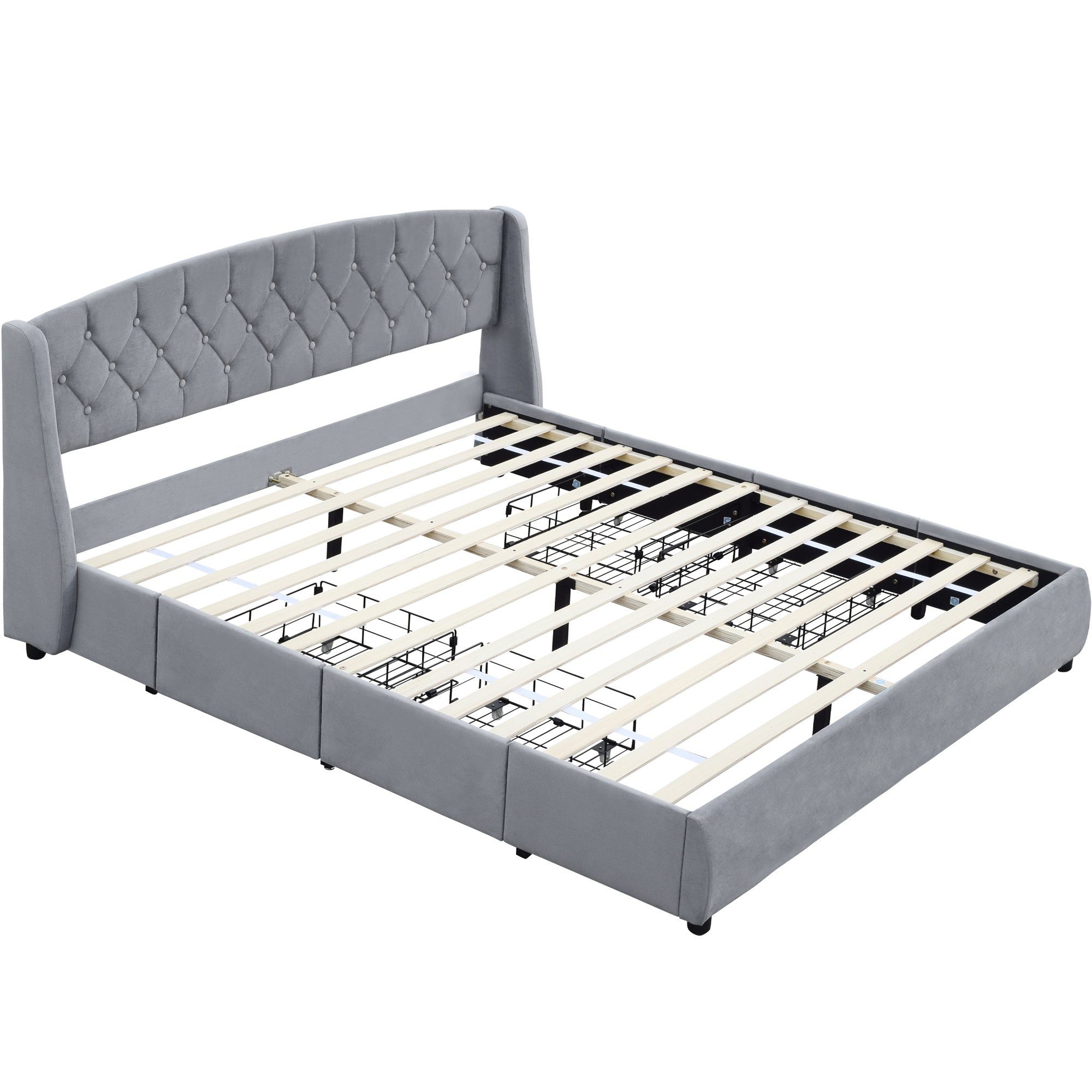 Polsterbett (Polsterbett, 180 x 200 cm Doppelbett mit Lattenrost und 4 Schubladen), Holzbett inkl. Kopfteil mit Rautensteppung, Bezug aus Samtstoff