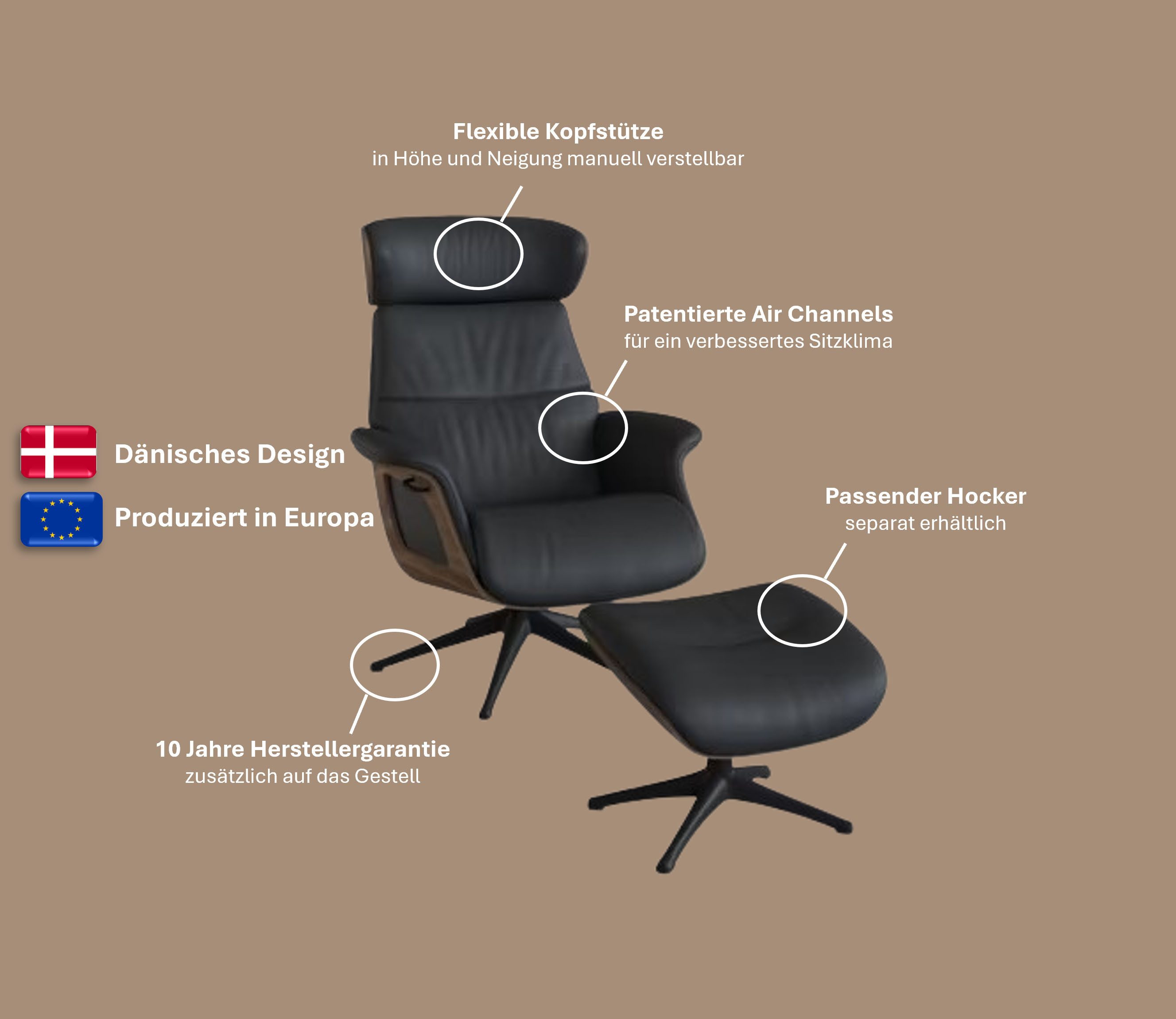 FLEXLUX Relaxsessel Clement Rücken u. Kopfverstellung, ergonomisch, Airchannels, Rücken- & Kopfteilverstellung, Drehbar, Armlehne Eiche, Fuß Schwarz