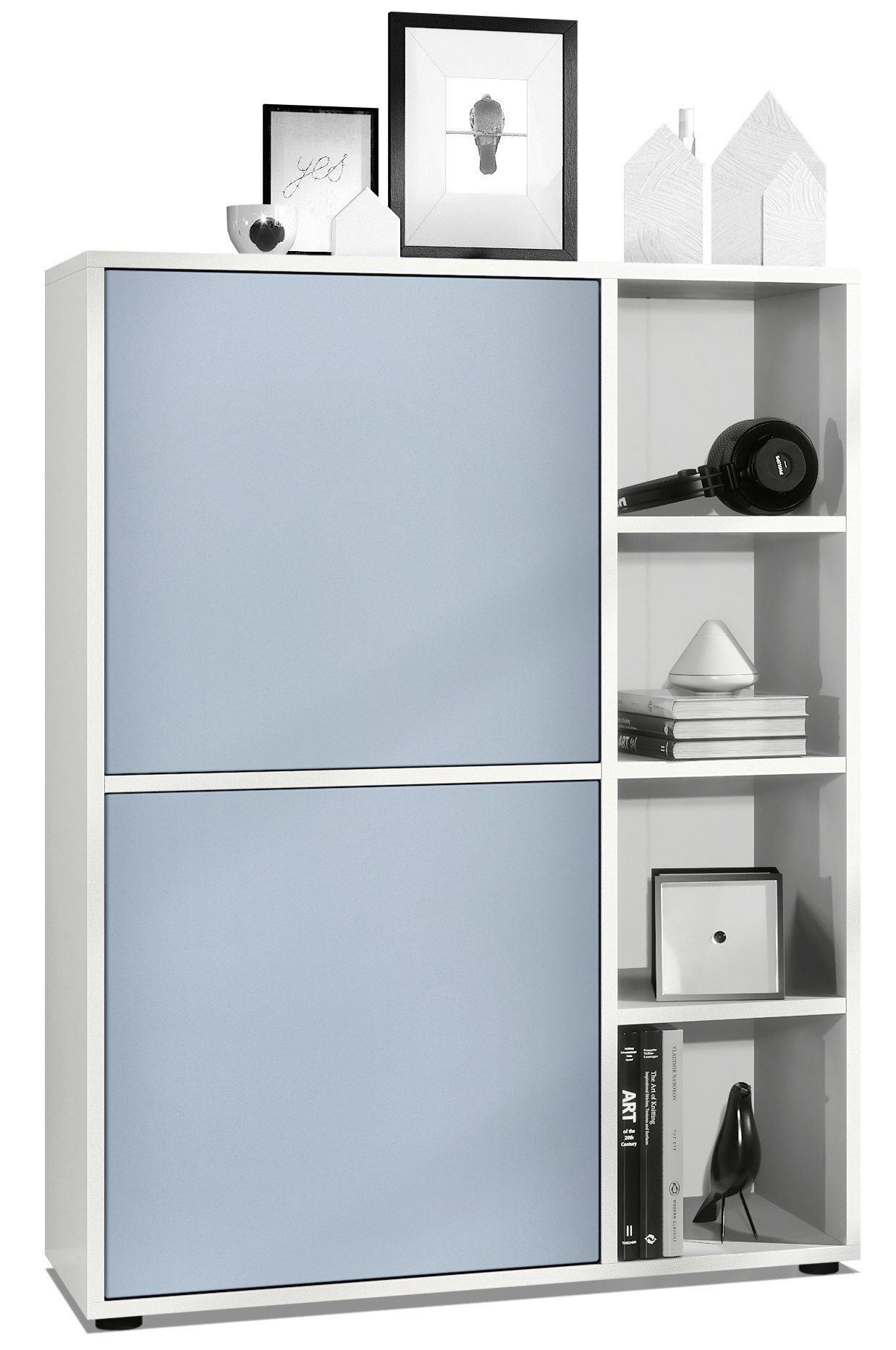 Vladon Highboard Cuba (Anrichte, mit 2 Türen und 4 offene Fächer), Weiß matt/ Denim matt (79 x 105,5 x 35,5 cm)