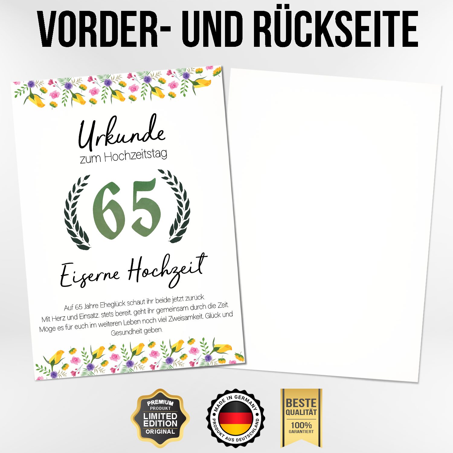 Tigerlino Poster 65. Hochzeitstag Geschenk Eiserne Hochzeit Urkunde Deko günstig online kaufen