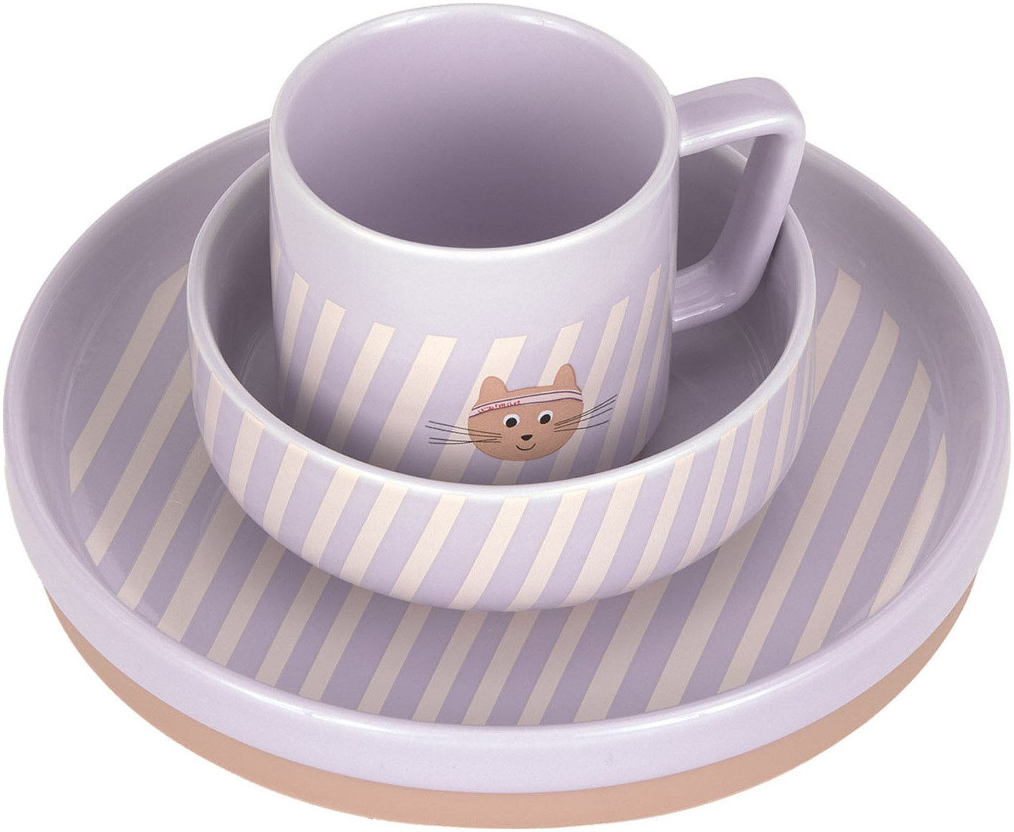 LÄSSIG Kindergeschirr-Set Tiny Team Cat (3-tlg), Porzellan, Silikon, mit Silikonring
