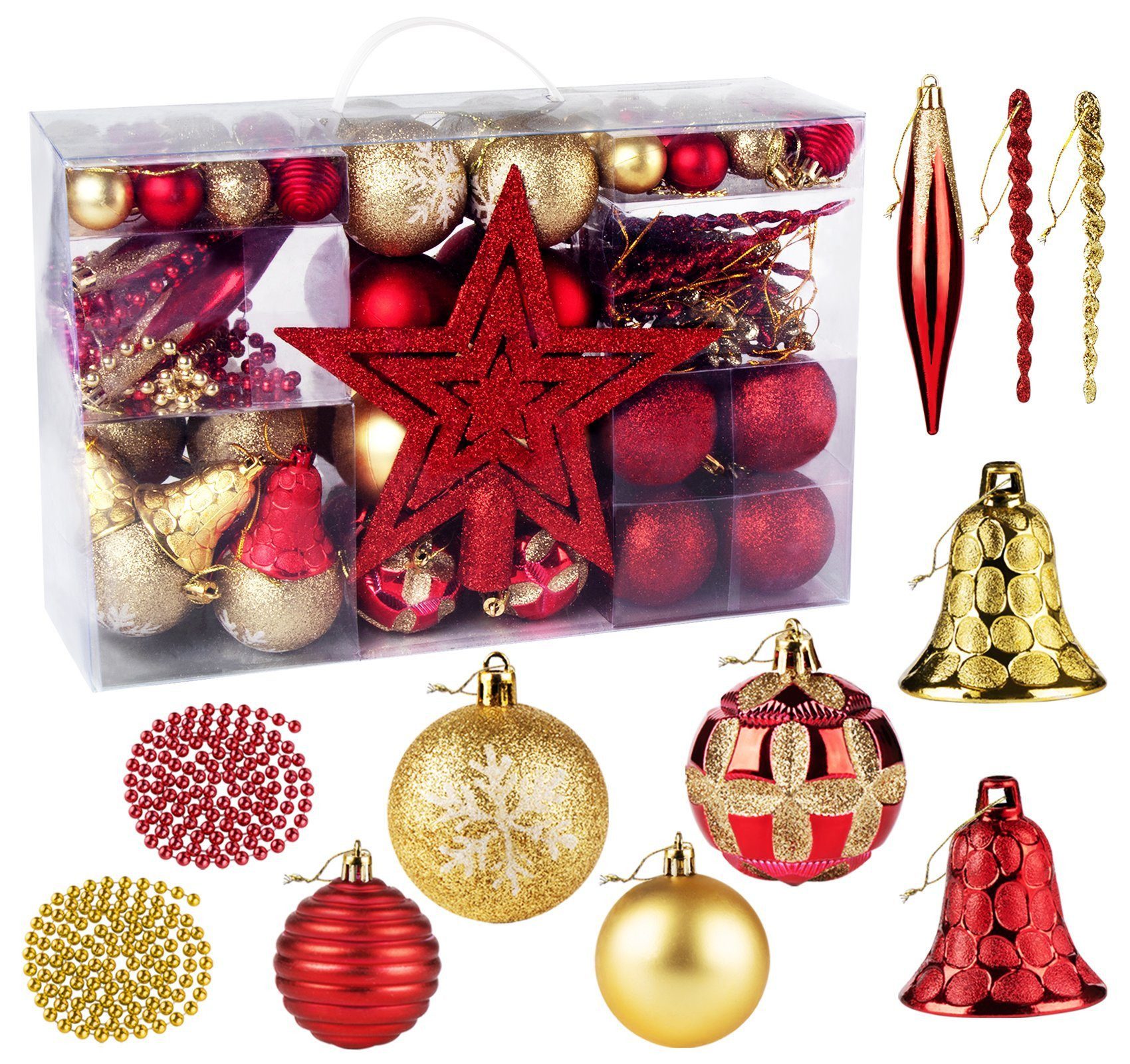ElitVita Christbaumschmuck Weihnachtskugeln Weihnachtsbaumspitze Stern Weihnachtsdeko Set (100-tlg), Kunststoff Christbaumkugeln mit …