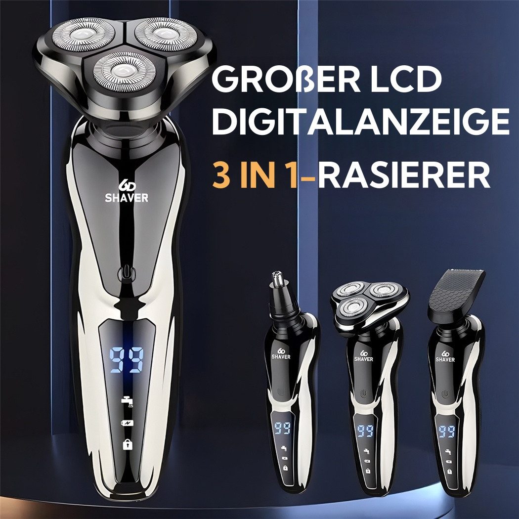 CkeyiN Elektrorasierer 3-in-1 Bartschneider Nasenhaartrimmer Haarschneider Multifunktional, Aufsätze: 3, IPX7 wasserdicht, magnetischer 3D-Floating-Elektrorasierer, OHNE ÖL
