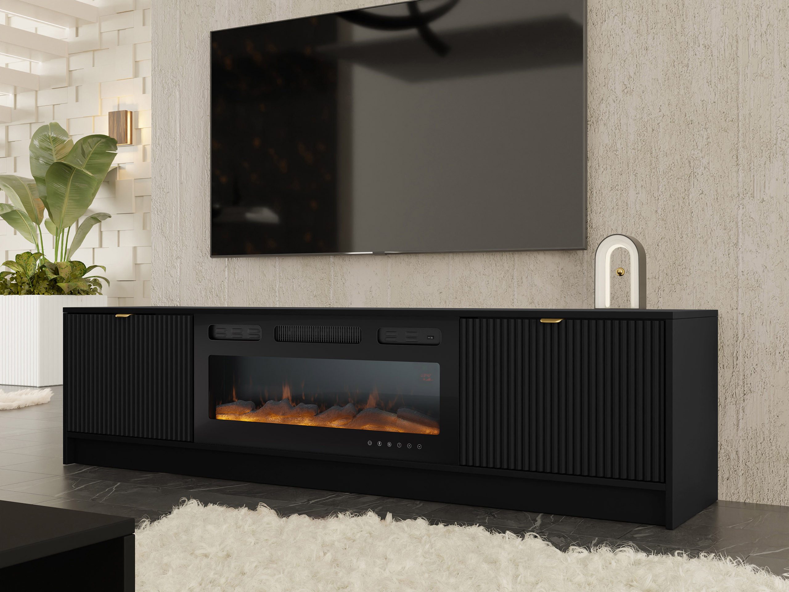 MIRJAN24 TV-Schrank Tireno mit Kamin (mit zwei Drehtüren) Realistische LED-Flamme, Gasdruckfeder