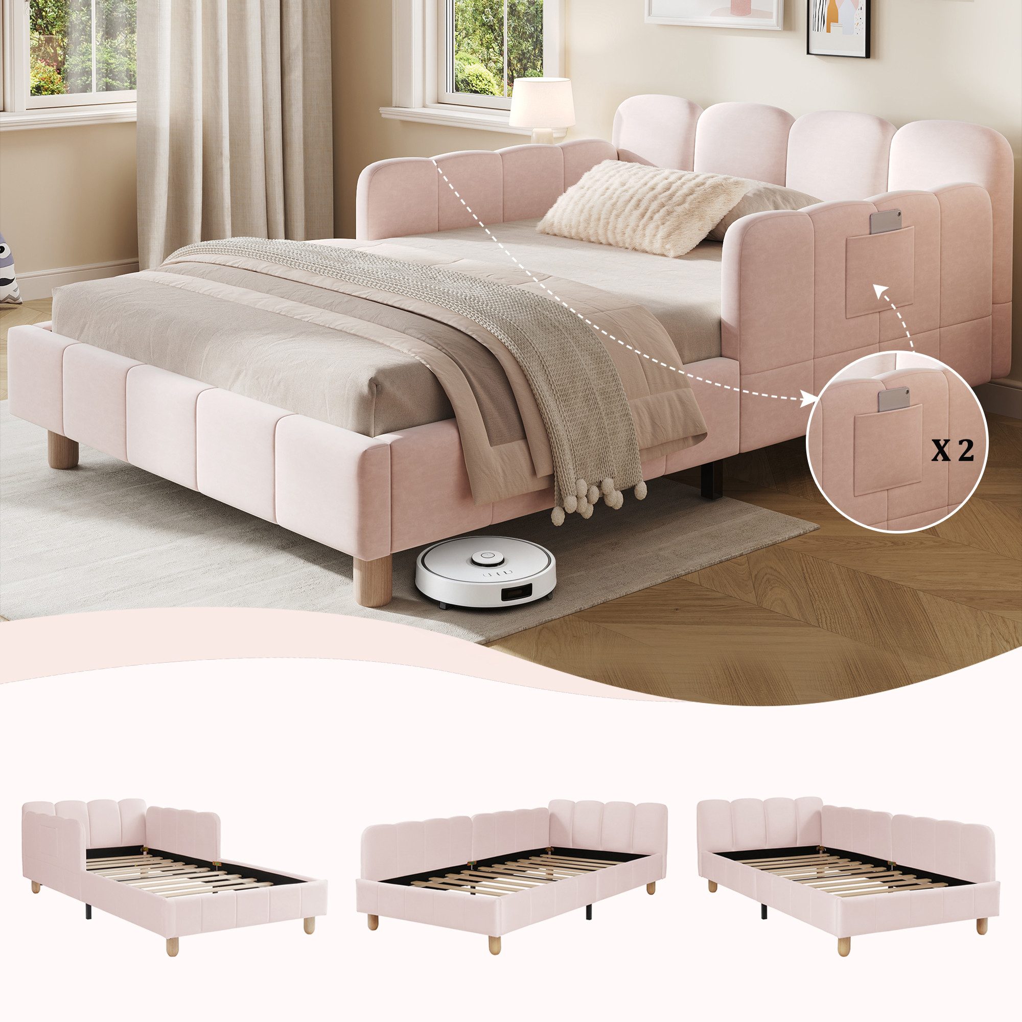 REDOM Polsterbett 90x200 cm mit Rausfallschutz, Samt (Packung, 1-tlg., Gepolstertes Kopfteil), Massivholz-Beine, ideal als Kinder & Jugendliche( ohne Matratze)