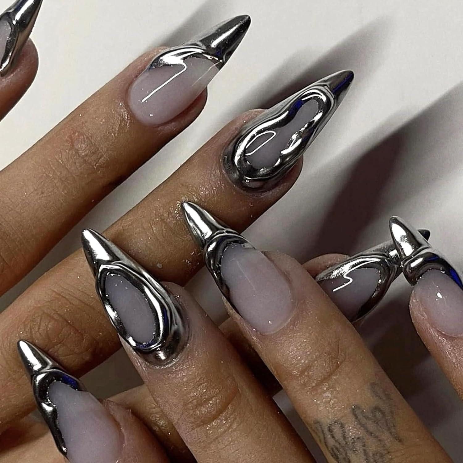 LuxusKollektion Kunstfingernägel Kunstnägel Acryl Selbstklebend Stiletto Mandel Französische Silber