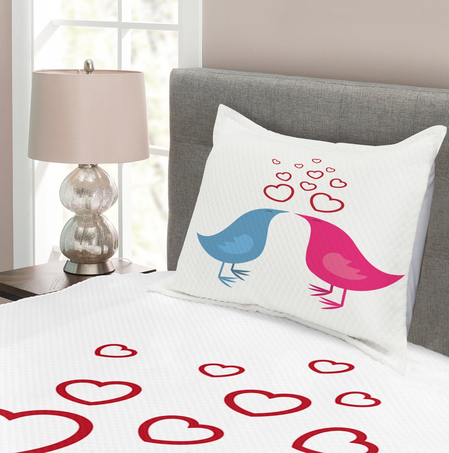 Liebe Romantik Waschbar, Kissenbezügen Set Vogel-Herz-Symbole Abakuhaus, mit Tagesdecke