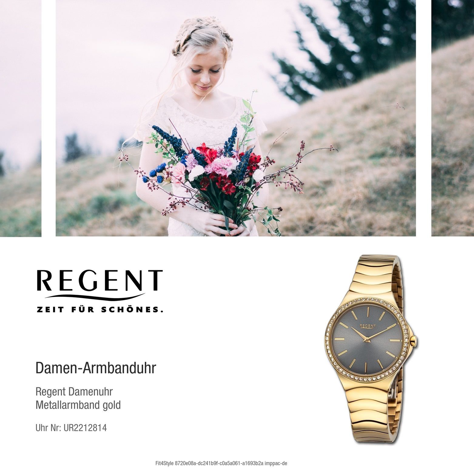 Regent Quarzuhr Regent Damen Armbanduhr rundes Analog, groß 33mm) gold, extra Metallarmband Gehäuse, (ca. Damenuhr