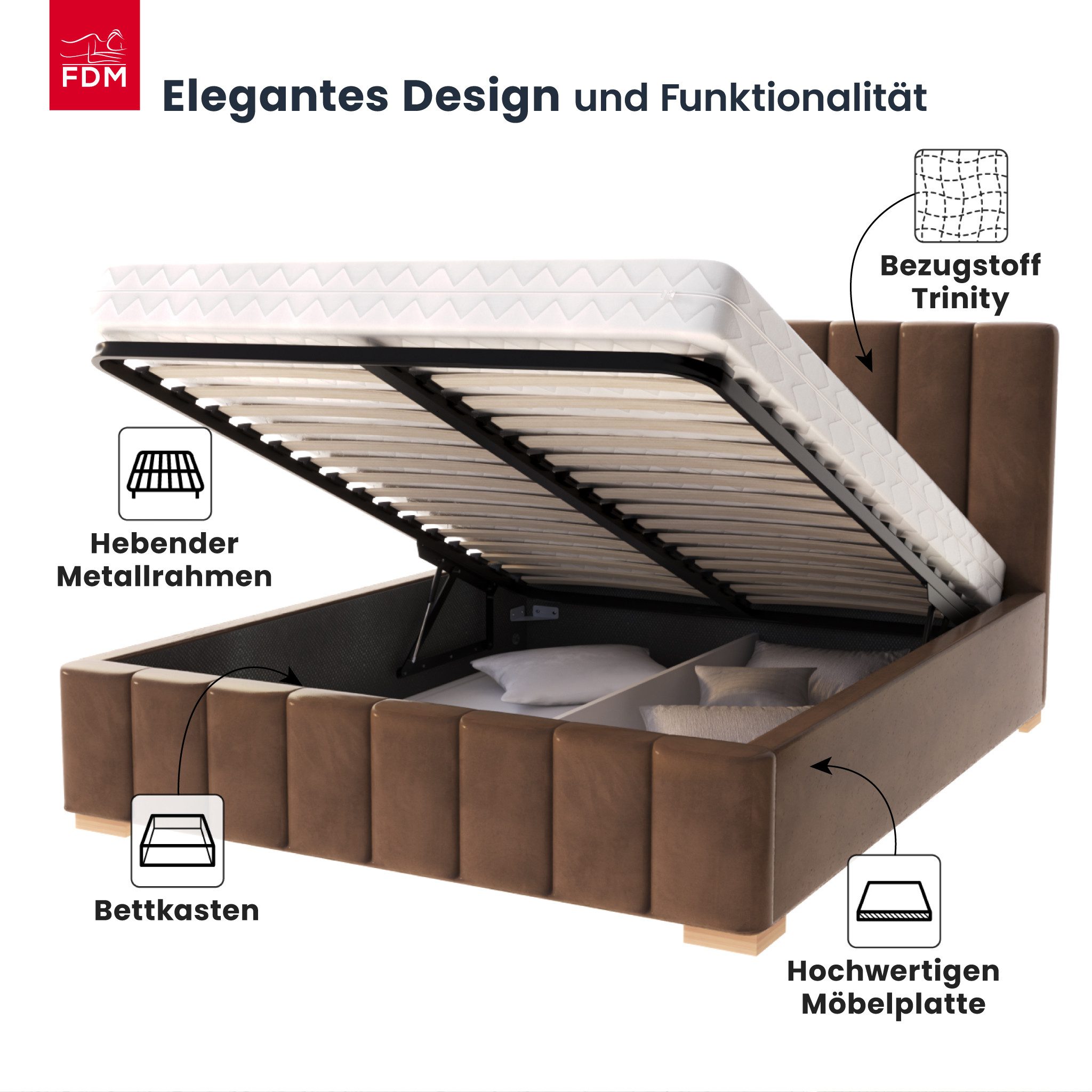 FDM Polsterbett modern mit Bettkasten MADE IN EU - mit hochwertigem Velours Bezug (verfügbar 90x200 120x200 140x200 160x200 180x200cm, Bettrahmen, Bett, mit großen gepolsterten Kopfteil, mit Bettkasten zum aufklappen), Hebbarer Metallrahmen, Bettkasten, mit/ohne Matratze