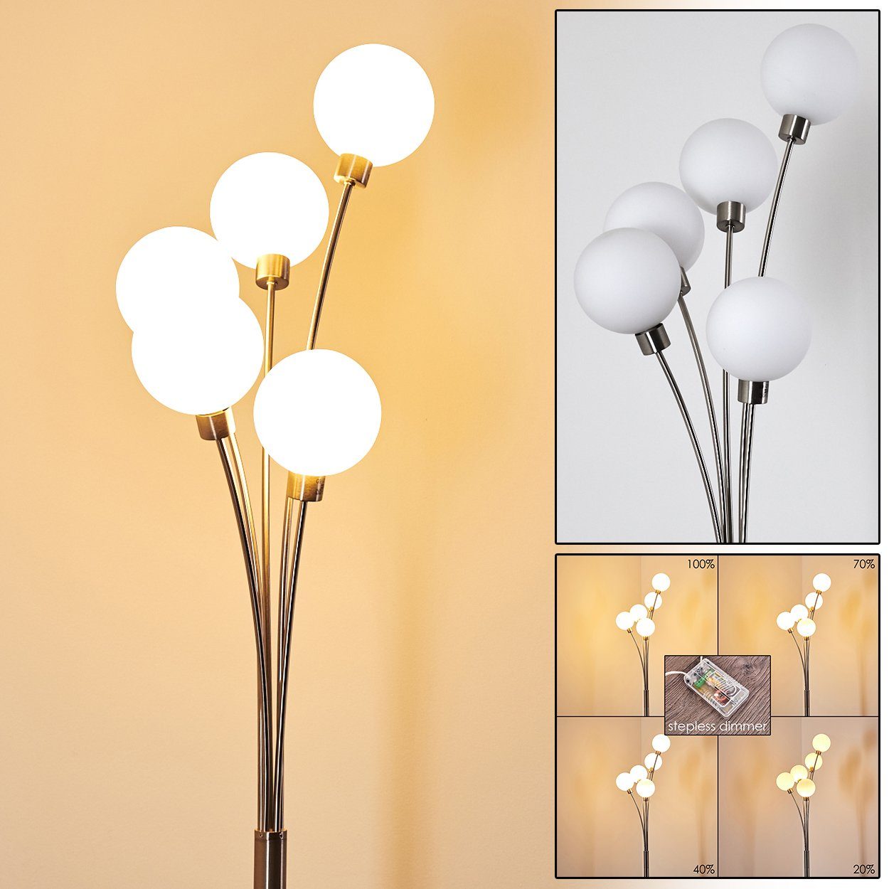 hofstein Stehlampe »Lerici« Stehleuchte in Stahl gebürstet, stufenlos dimmbar, ohne Leuchtmittel, m. Echtglas-Kugeln, G9, mit Fußschalter