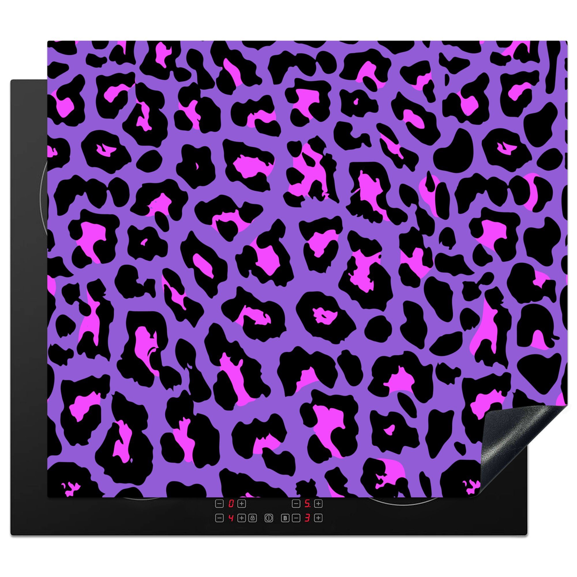 MuchoWow Herdblende-/Abdeckplatte Pantherdruck - Lila - Rosa - Neon, Vinyl, (1 tlg), 58x51 cm, Küchen Dekoration für Induktionsherd, Induktionskochfeld