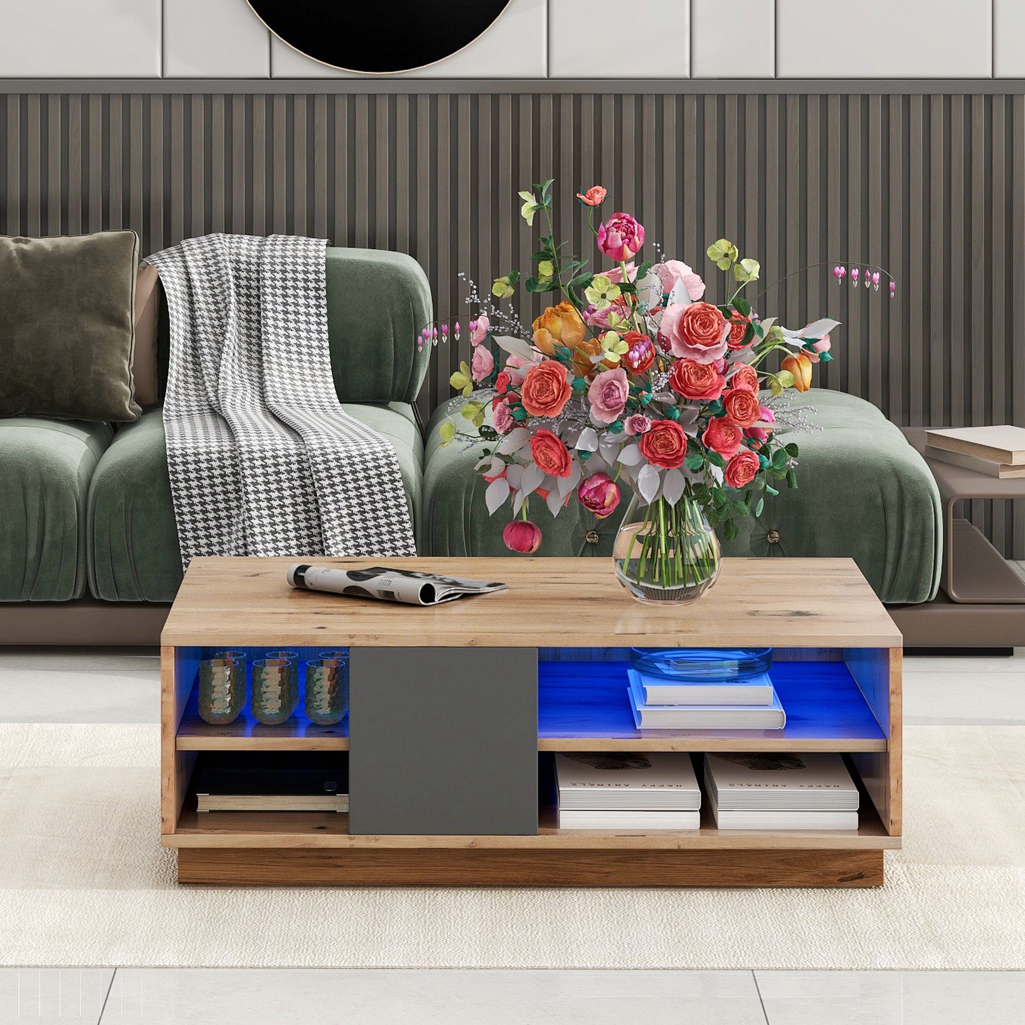 Celya Couchtisch Originalfarbener Mosaik-Couchtisch, moderne Wohnzimmermöbel, LED-Beleuchtung