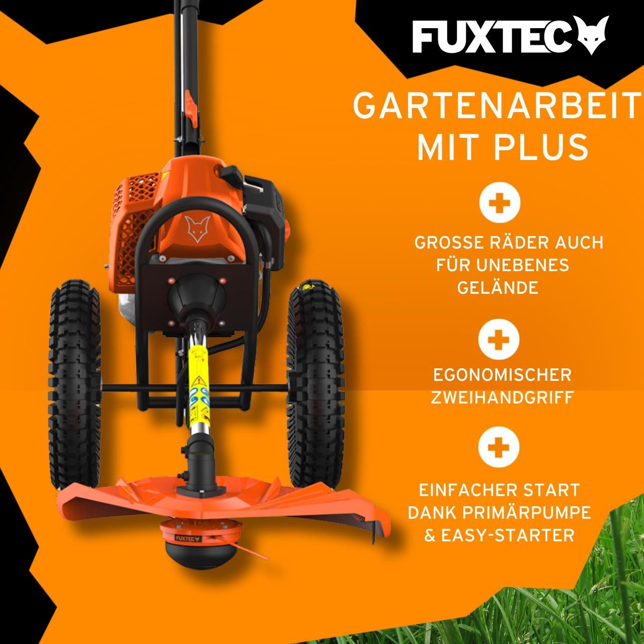 FUXTEC Benzin-Motorsense FX-FSR162, 32 cm Arbeitsbreite Messer, 62ccm, 32cm Schnittbreite ergonomisches Design, Tippautomatik