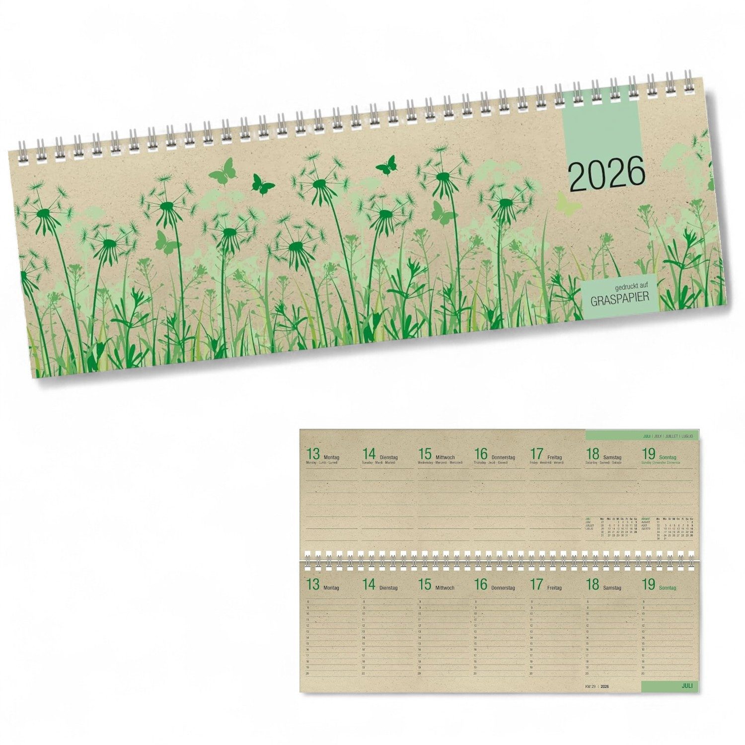 ZETTLER Schreibtischkalender ZETTLER 2026 Querkalender 32x10,5cm Graspapier 1 Woche 2 Seiten