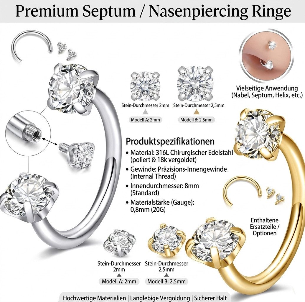 Karisma Schmuck Nasenpiercing Nasenstecker Chirurgenstahl 0,8mm mit 2mm/2,5mm, Zirkonia Stein – Bild 3 von 3
