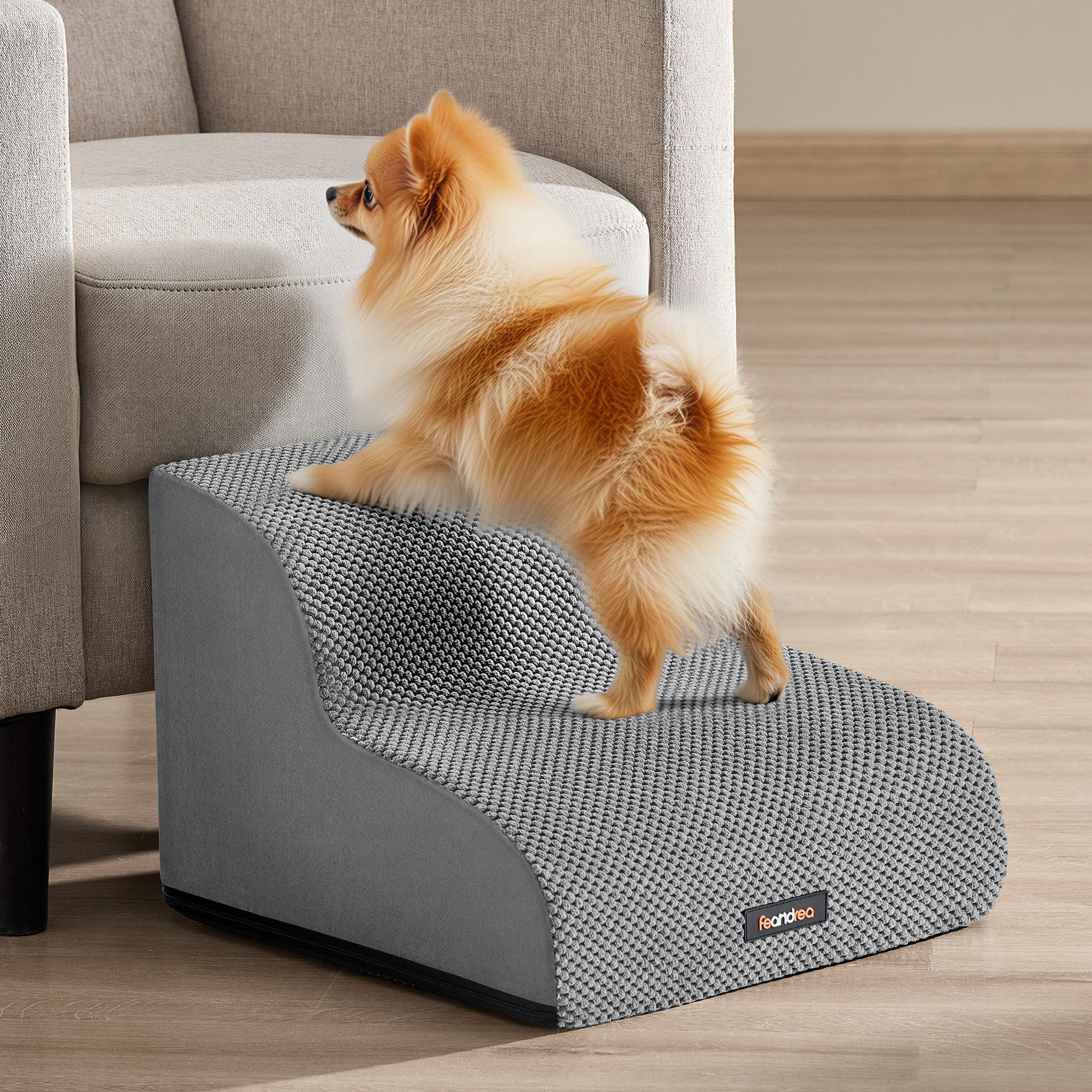 FEANDREA Haustiertreppe 2/3/4-stufig-Hundetreppe,waschbar,rutschfest geringe Neigung für Bett, Sofa, Waffelcord, wasserdicht, abnehmbarer waschbarer Bezug