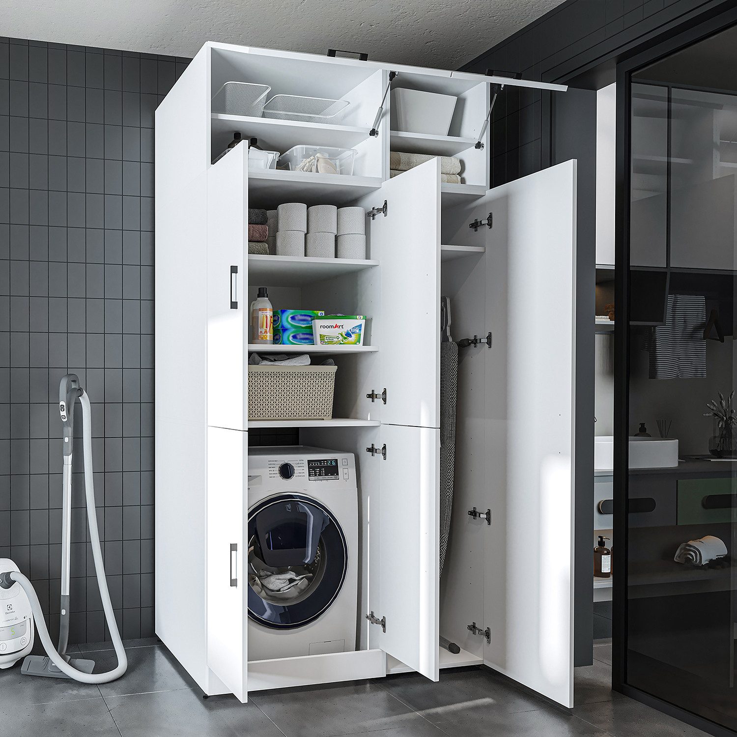 Roomart Waschmaschinenumbauschrank DORA 115 cm Waschmaschinenschrank + Hochschrank, 2 Höhen, in 5 Farben (für Waschmaschine & Trockner mit Regalboden, Waschmaschinenschrank mit Hochschrank – 2 Höhen, 2 Regalboden-Optionen) 130 kg Belastbarkeit, Hochschrank links/rechts, in 5 Farben, 2 Höhen