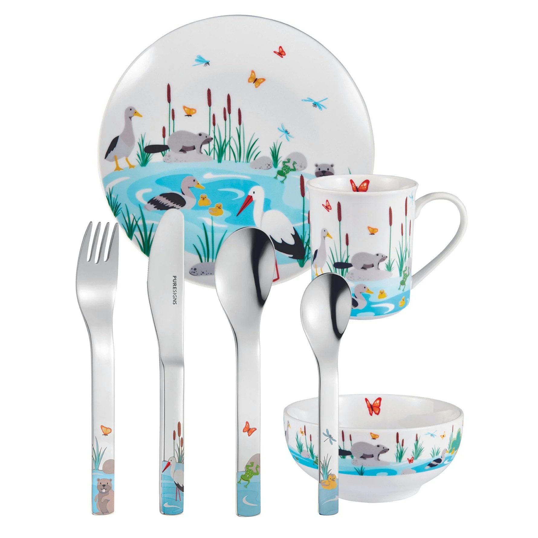 PURESIGNS Kindergeschirr-Set MANAO (7-tlg), 1 Personen, Edelstahl 18/10, Porzellan, Plastikfreier Essgenuss für die Kleinen