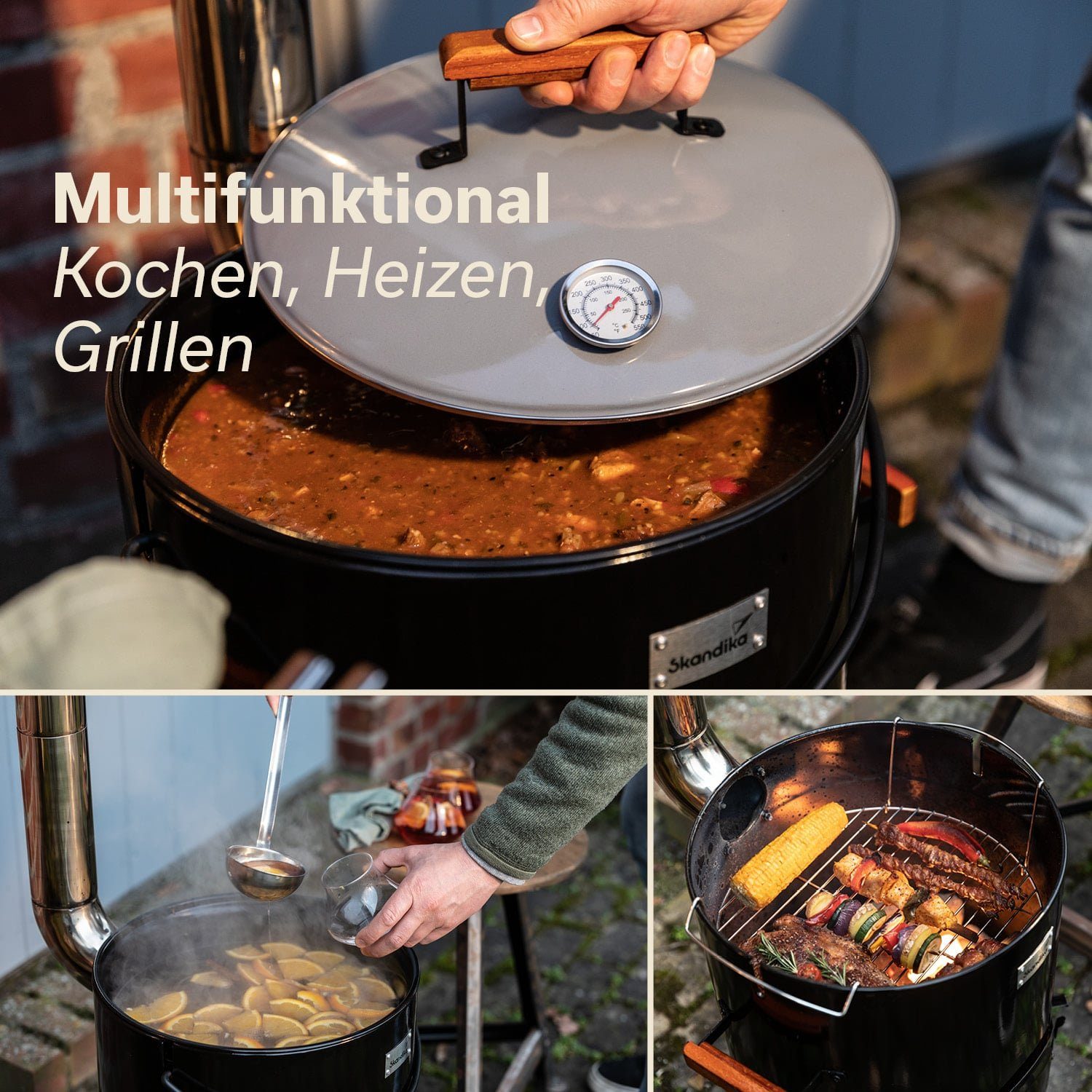 Skandika Topf-Set Gulaschkanone, 14 Liter Gulaschkessel, Thermometer im Deckel, (Der clevere 3 in 1 Ofen fürs Heizen, Kochen und Grillen), Zubehör Grillzange, Suppenkelle, Ofenhandschuh, Grillrost, Holzgriffe