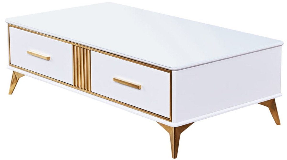 Casa Padrino Couchtisch Luxus Couchtisch Weiß / Gold 130 x 70 x H. 41 cm - Moderner Wohnzimmertisch mit 2 Schubladen - Moderne Möbel