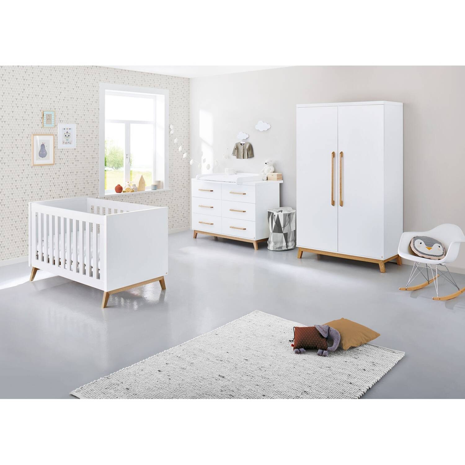 Möbel Babymöbel Lomadox Babyzimmer-Komplettset RIJEKA-134, (3-tlg), Babyzimmer mit Wickelkommode und Kinderkleiderschrank in wei