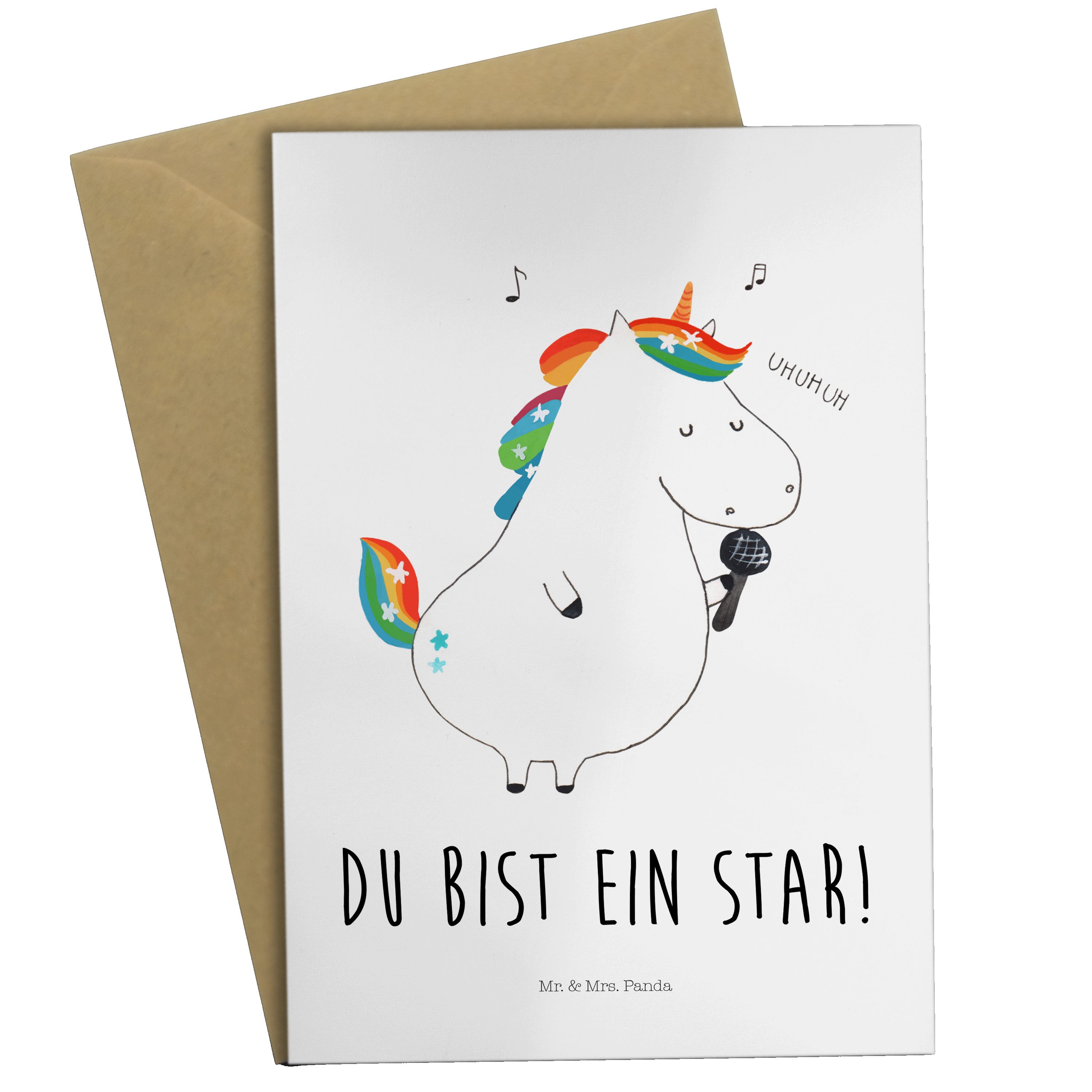 Mr. & Mrs. Panda Grußkarte Einhorn Sänger - Weiß - Geschenk, Einhörner, Karte, Geburtstagskarte