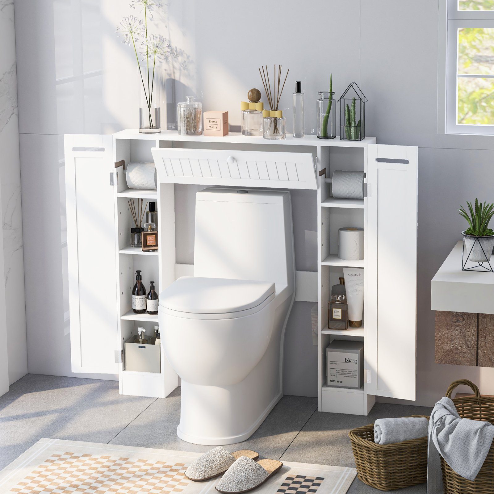 COSTWAY Wäscheschrank Holz, mit Toilettenpapierhalter günstig online kaufen