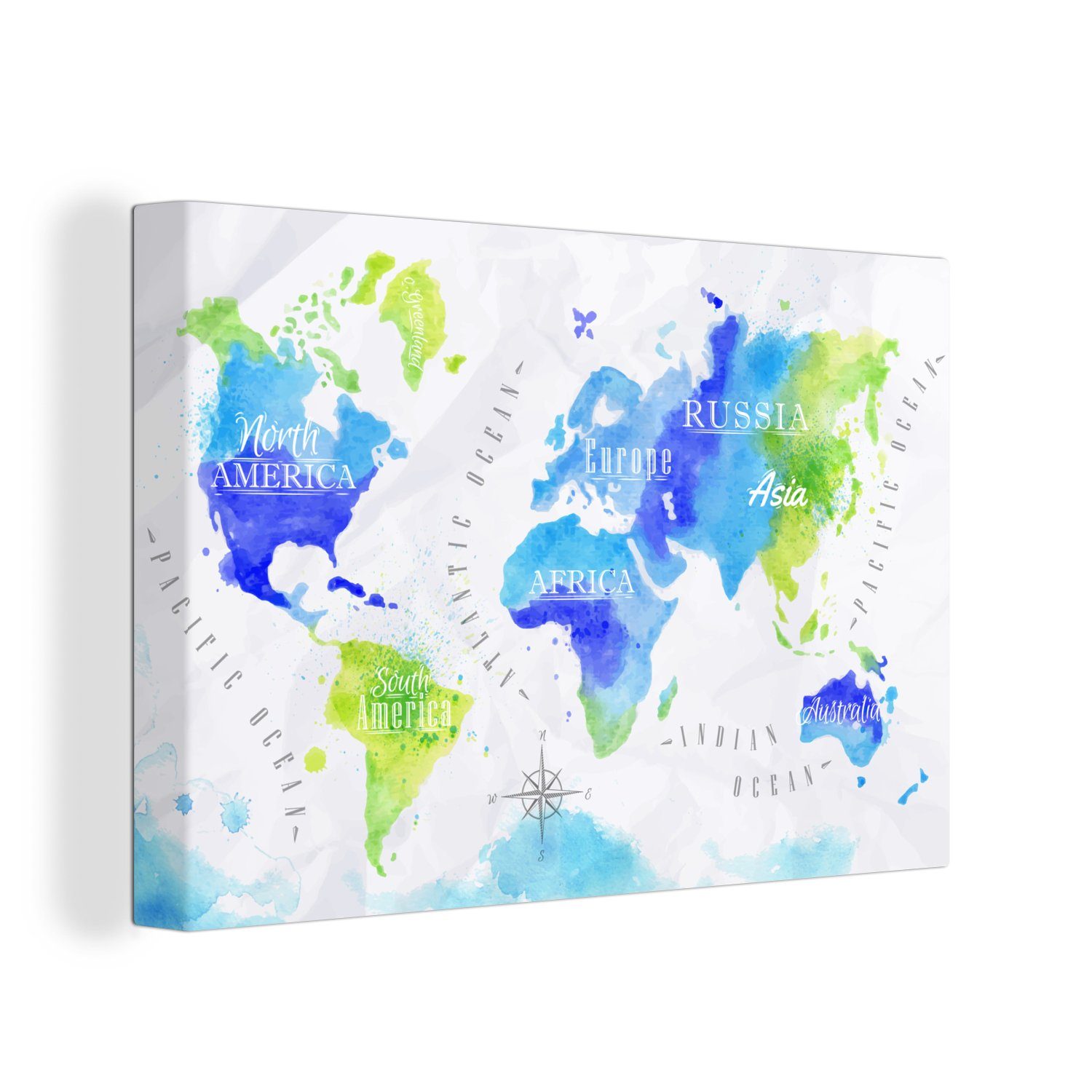 - - cm Leinwandbilder, OneMillionCanvasses® 30x20 Aquarell - Wandbild Grün (1 Aufhängefertig, Blau, St), Weltkarte Wanddeko, Leinwandbild