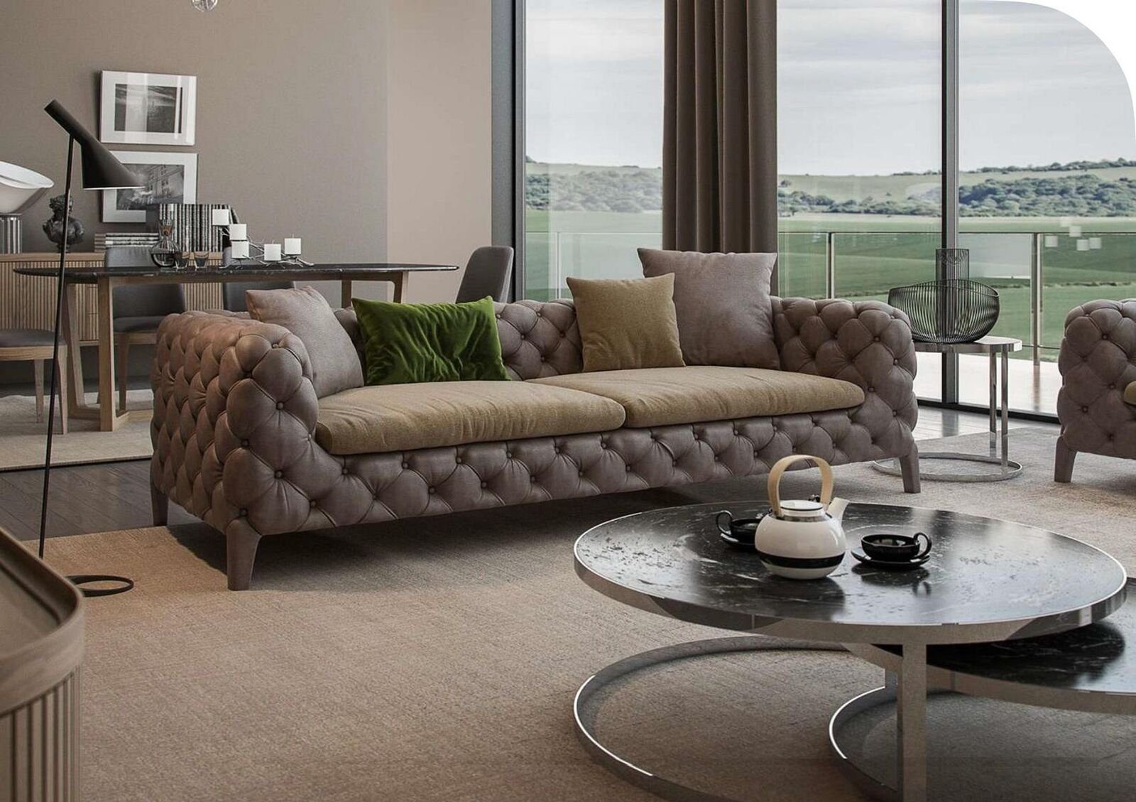 JVmoebel Sofas Viersitzer Luxus Made Sofagarnitur Sofa Chesterfield in 3 Sessel, Taupe Couchen Teile, Europe
