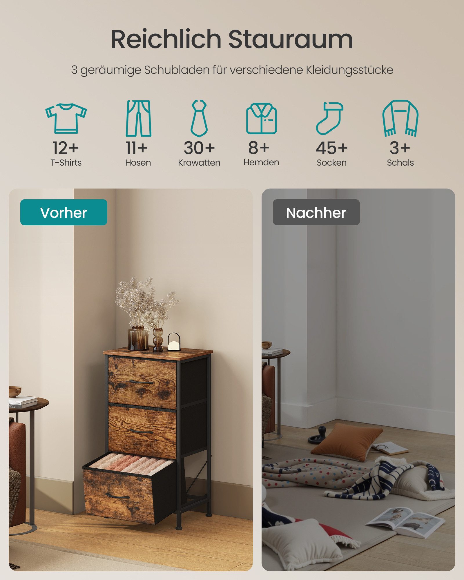 SONGMICS Kommode Schrank, Aufbewahrungsschrank, Stahl, MDF, Vliesstoff, für Schlafzimmer