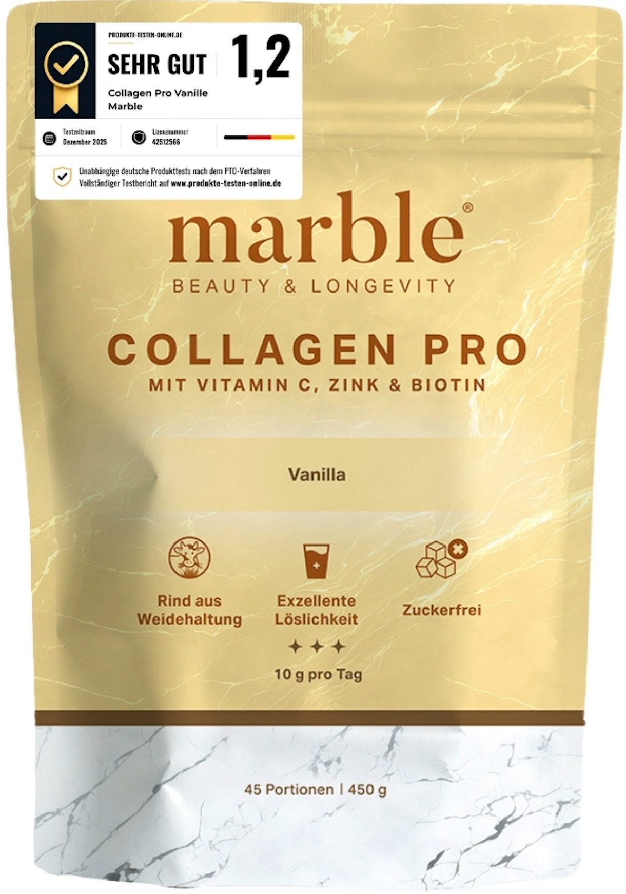 Marble Kollagen Pro Vanilla 450g – mit Vitamin C, Zink & Biotin - marble® Pulver, 1 er Packung à 1 St., 450 g, Verschiedene Geschmacksrichtungen vorhanden