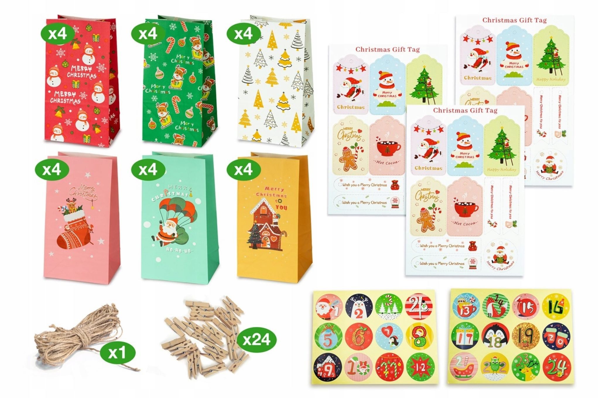 Festivalartikel Adventskalender Adventskalender für Kinder, umweltfreundlich, farbenfroh, Papierbeutel