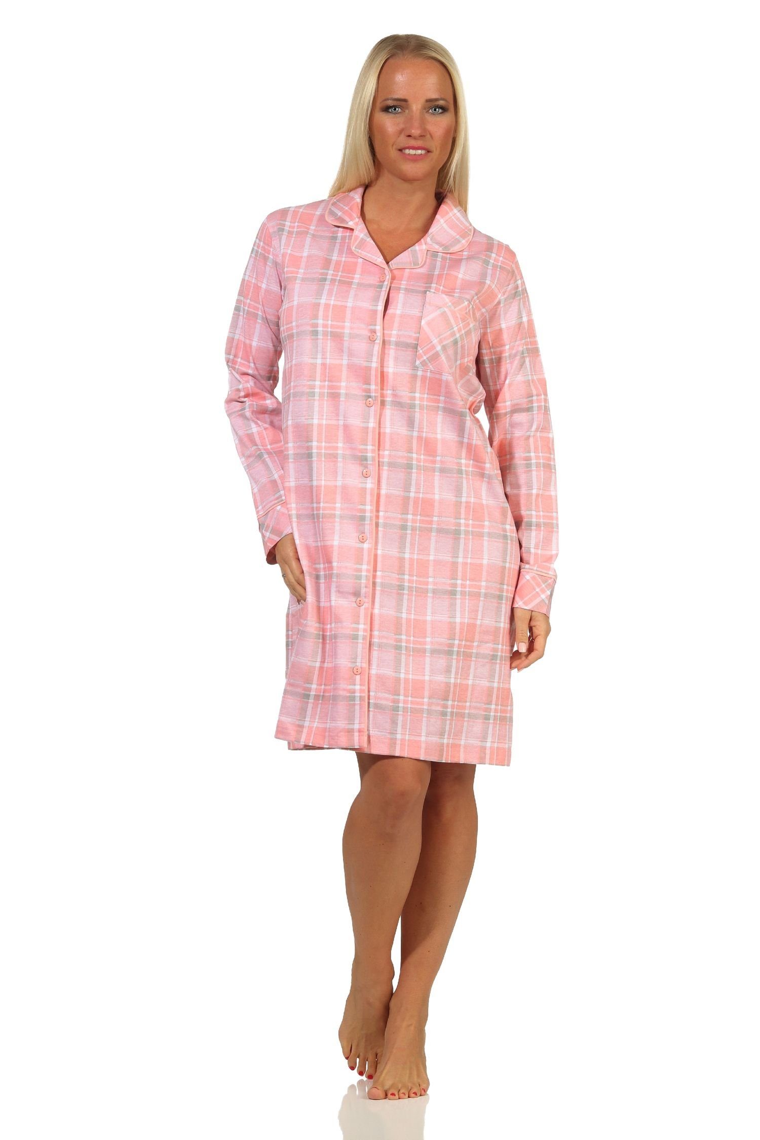 zum rosa Normann in in Jersey langarm Nachthemd knöpfen Damen Karopotik Qualität Nachthemd