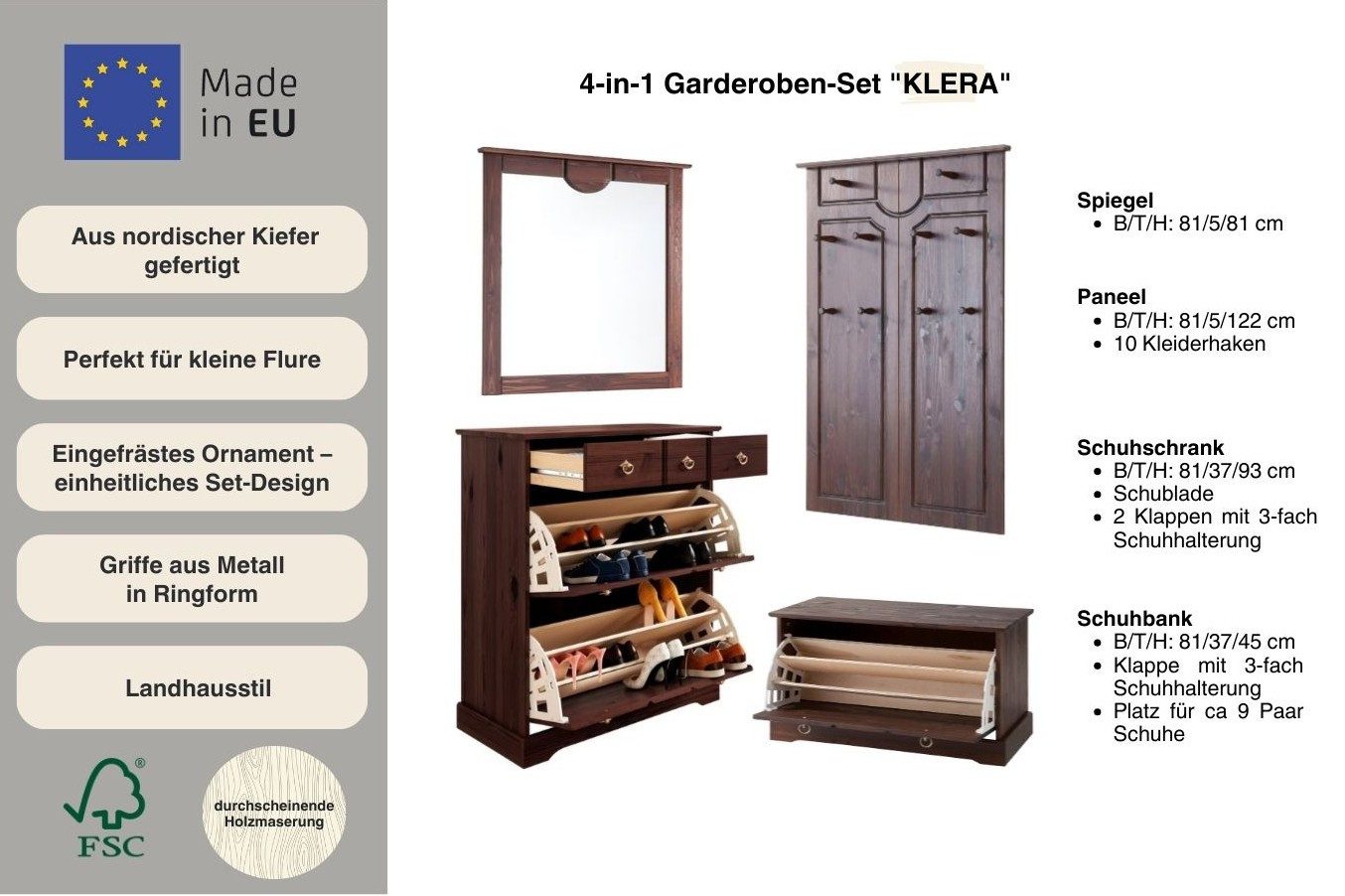 OTTO home Garderoben-Set Klera, (Set, 4-St), 4-teilig, aus massiver Kiefer, FSC®-zertifiziert