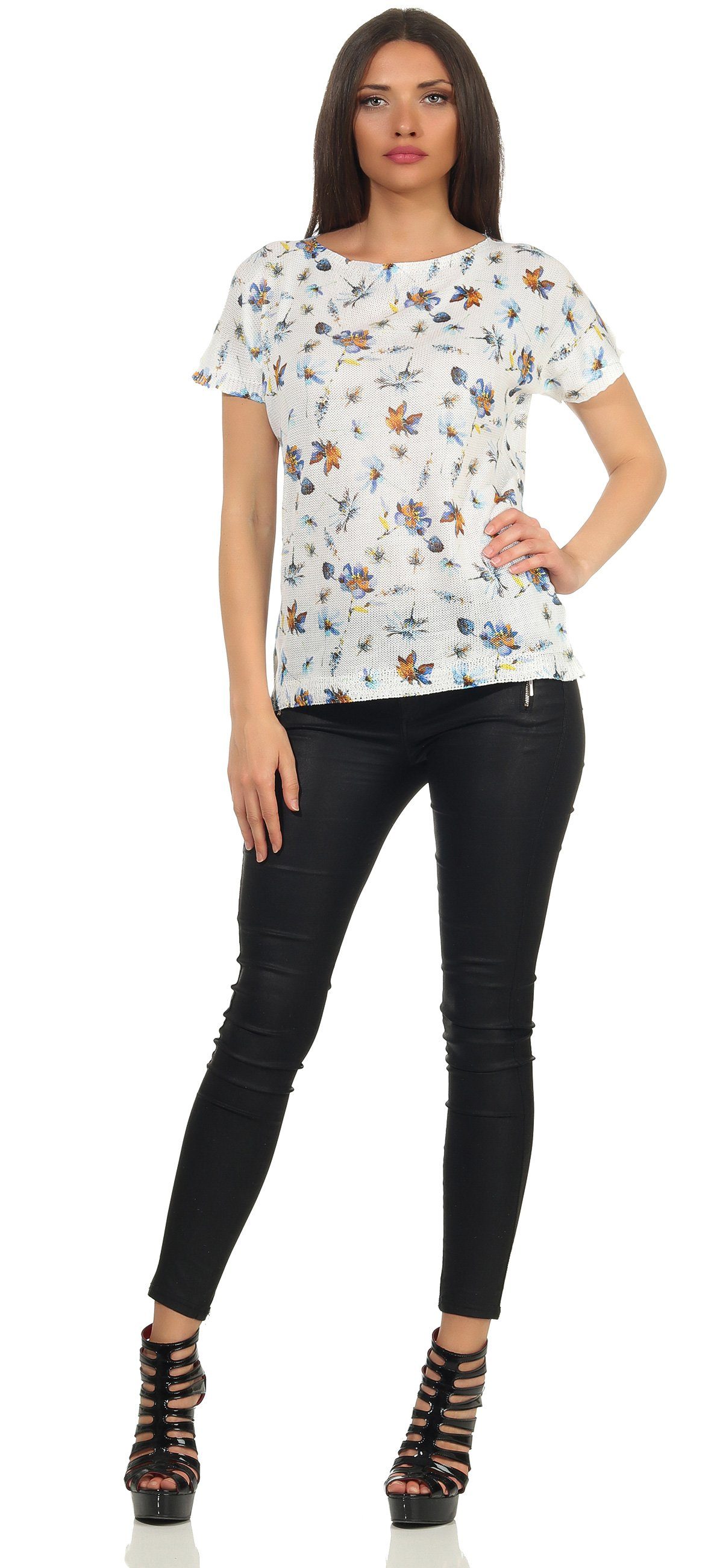 Mississhop Print-Shirt Damen weißes Shirt mit Blumen Tshirt Bluse 320