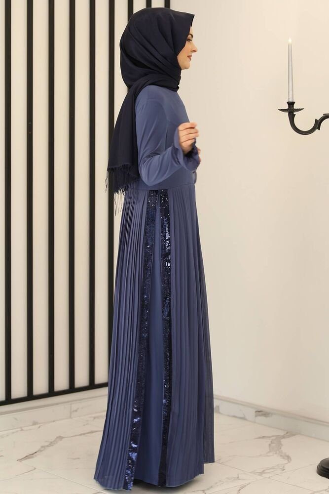 Modavitrini Maxikleid Damen Abendkleid Modest Indigo-Blau Rock Lila mit Abaya Faltendetail Fashion Hijab Abiye Pailletten